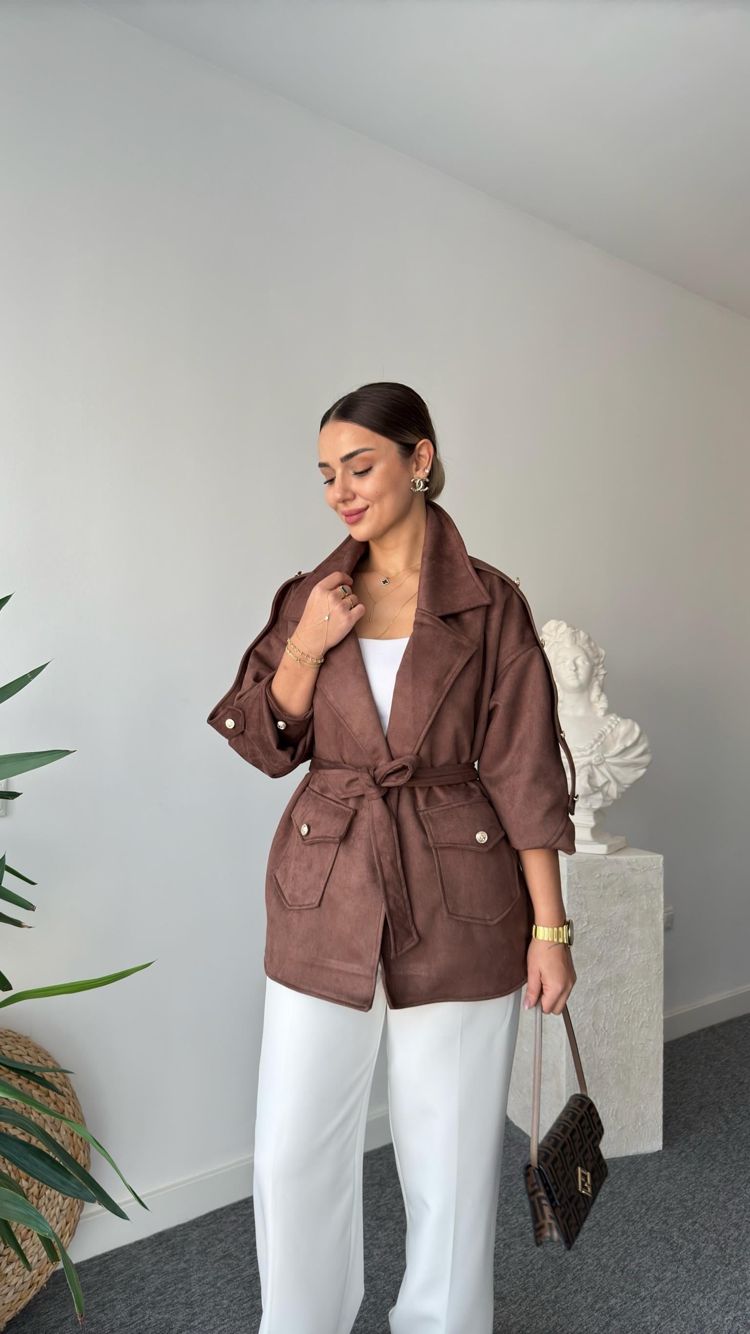 Ziano Kollar Düğmeli Kahve Süet Ceket