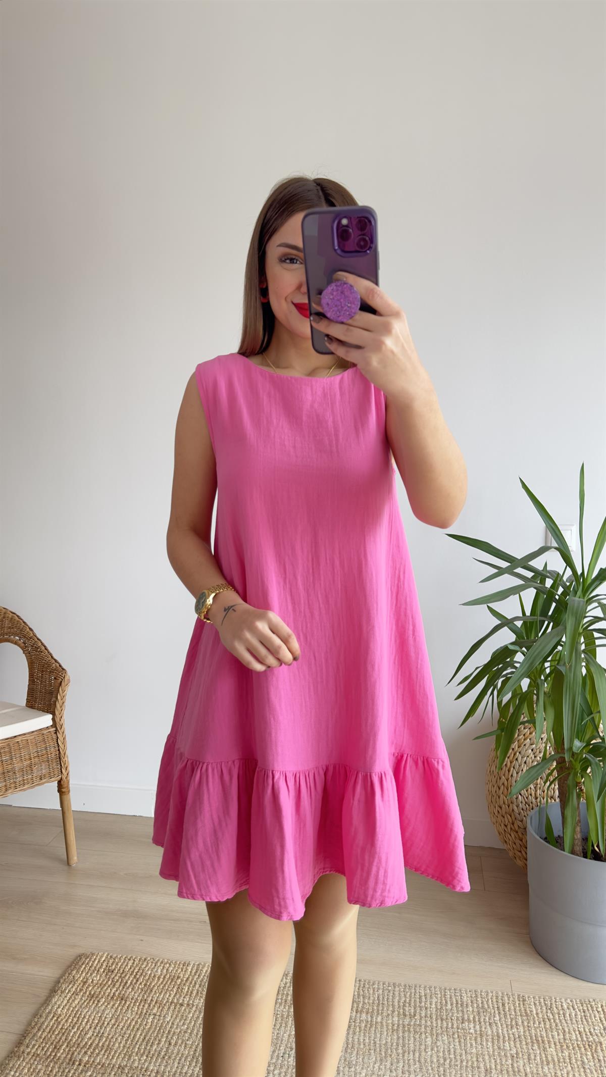 Eteği Fırfırlı Pembe Keten Elbise 