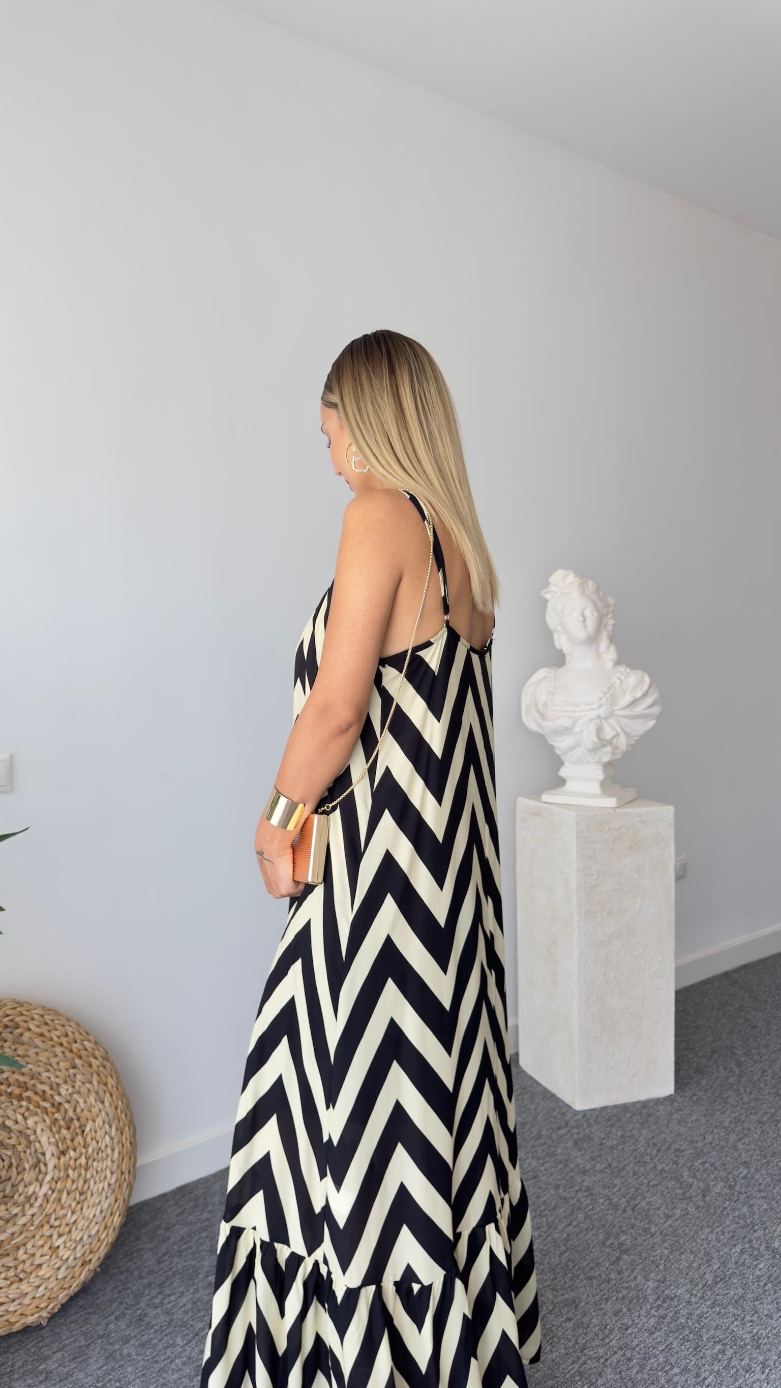 Lavin Siyah Bej Çizgili Maxi Elbise 