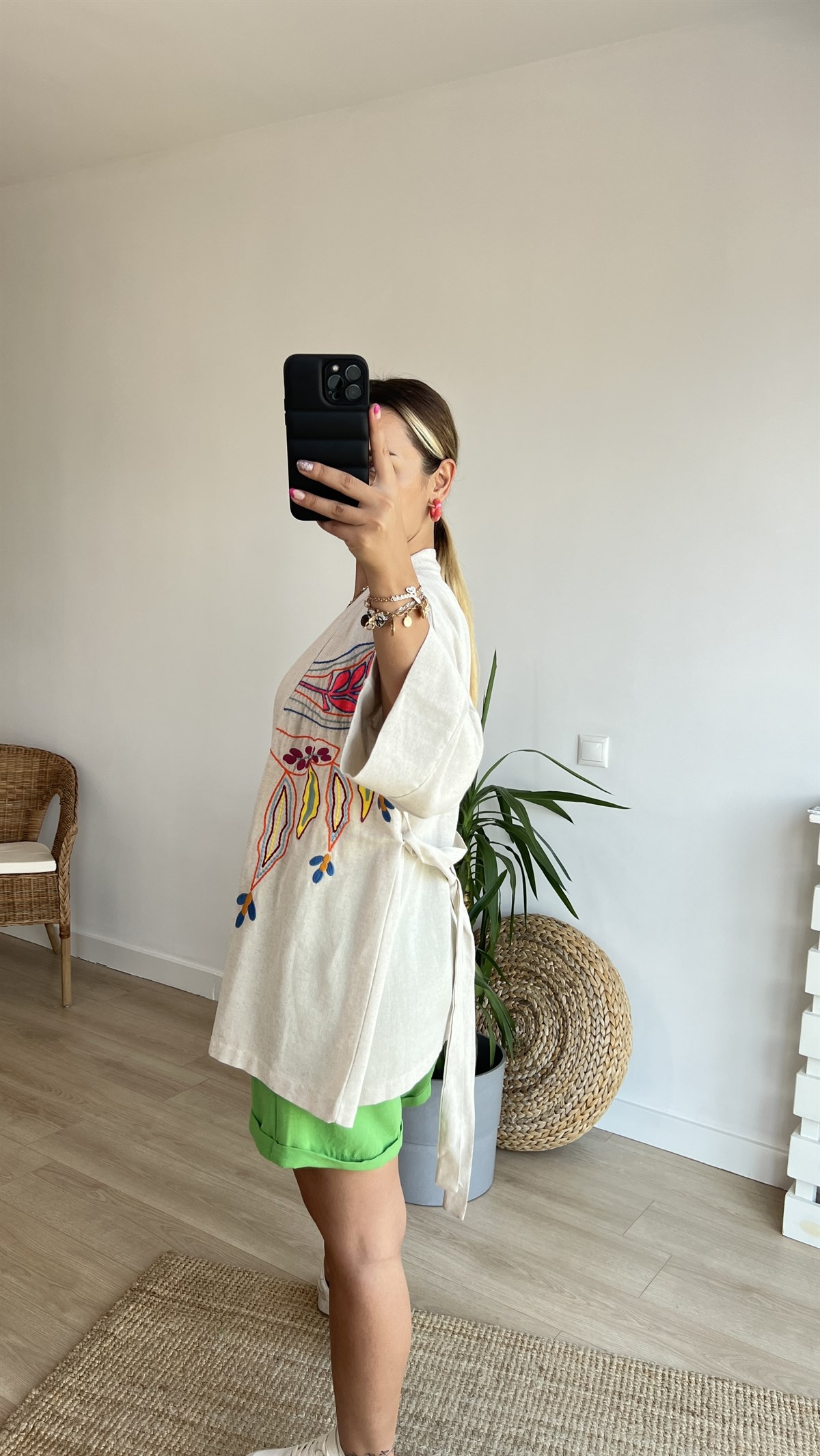 Renkli Nakış Detaylı Keten Kimono
