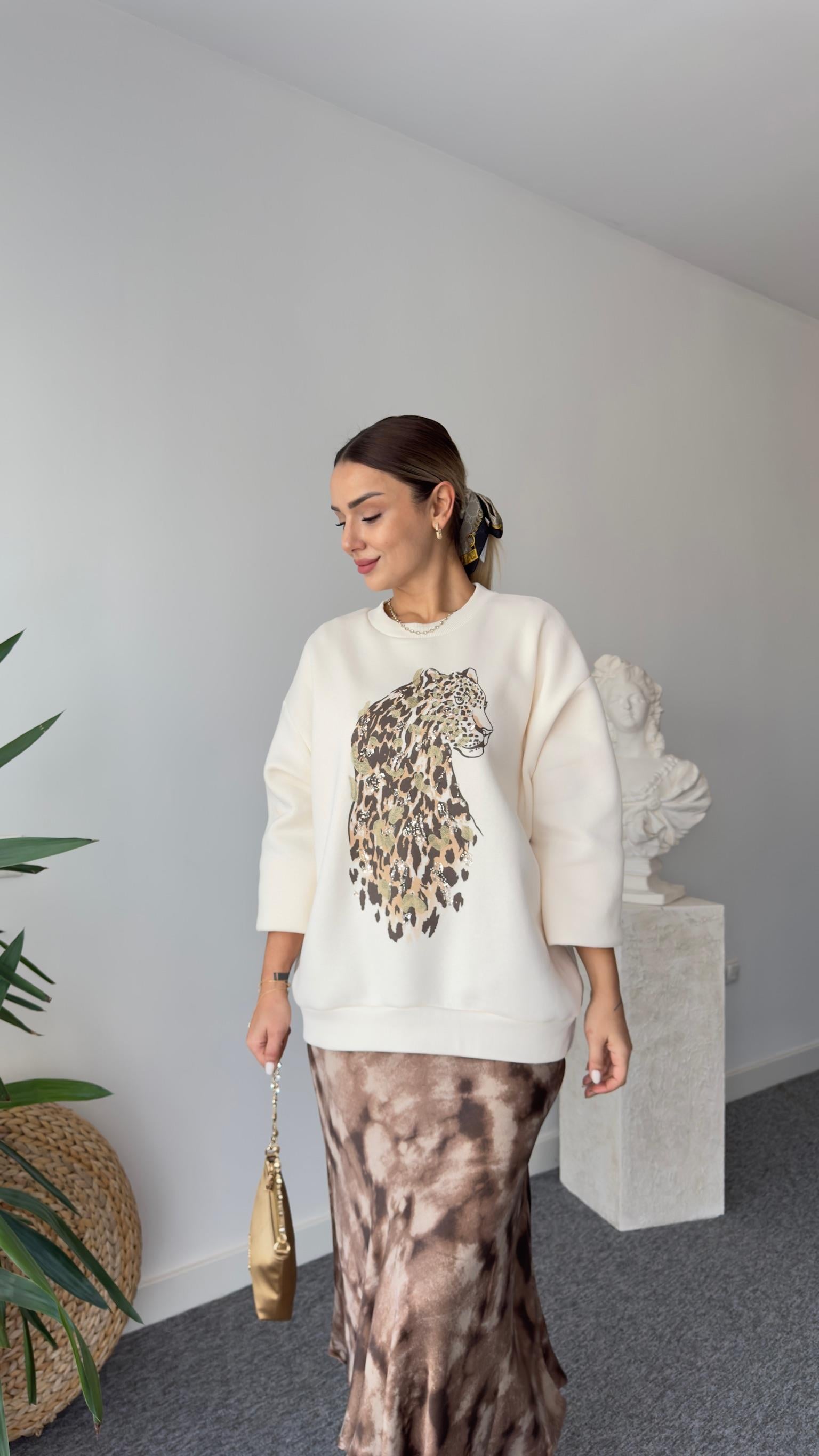 Naji Leopar Baskılı Bej Sweatshirt