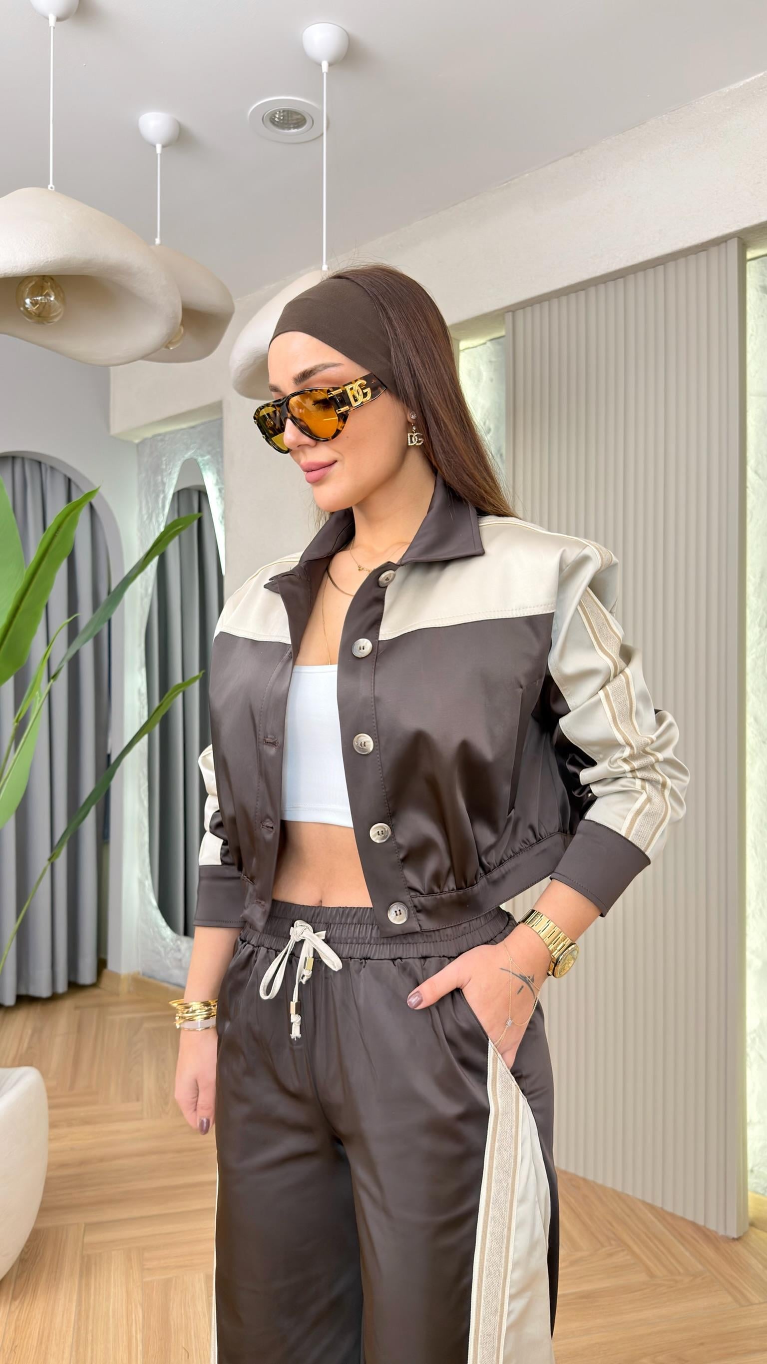 Kahve Sintra Tok Saten Bomber Ceket