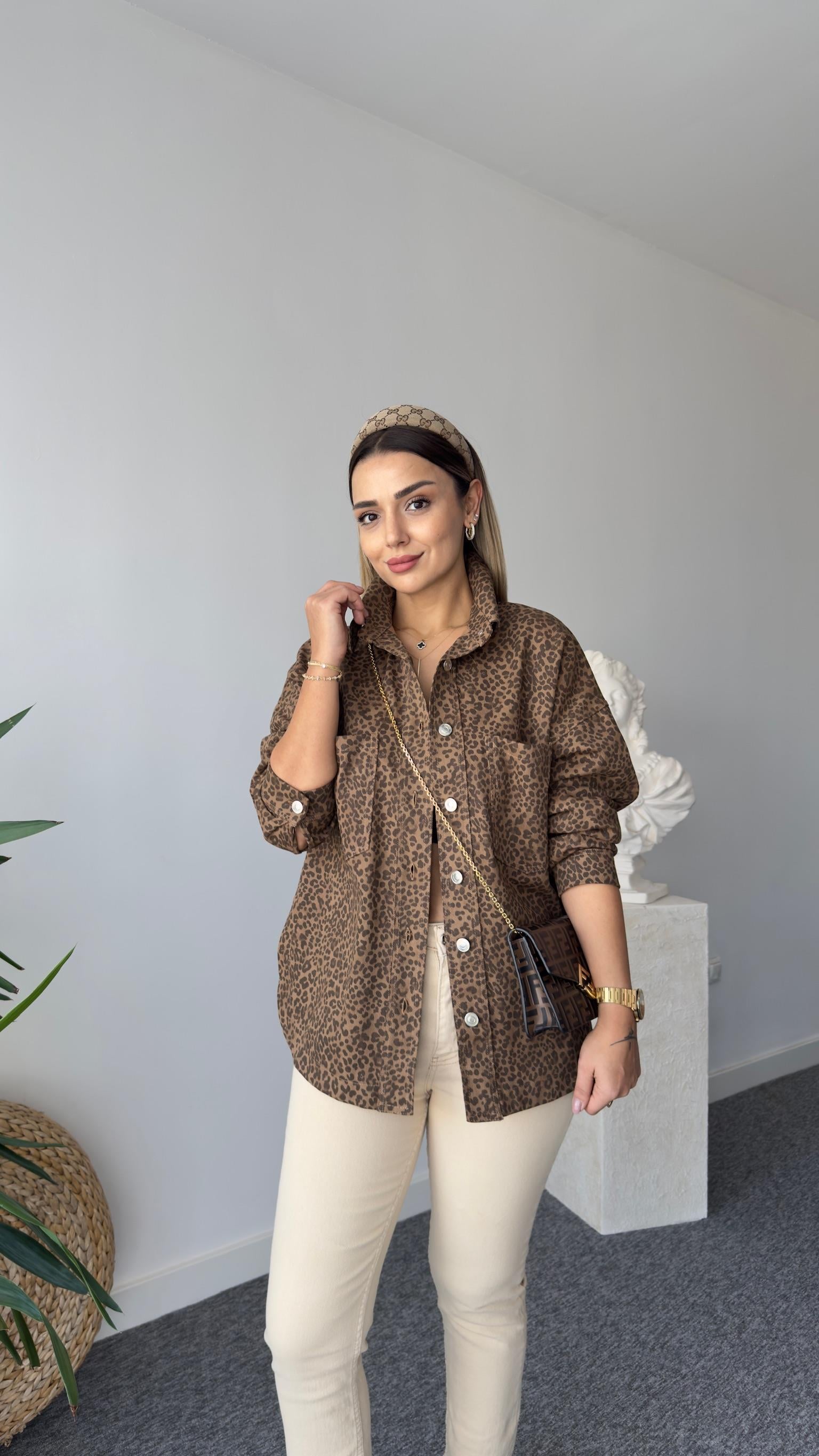Letica Leopar Desenli Gabardin Gömlek Ceket