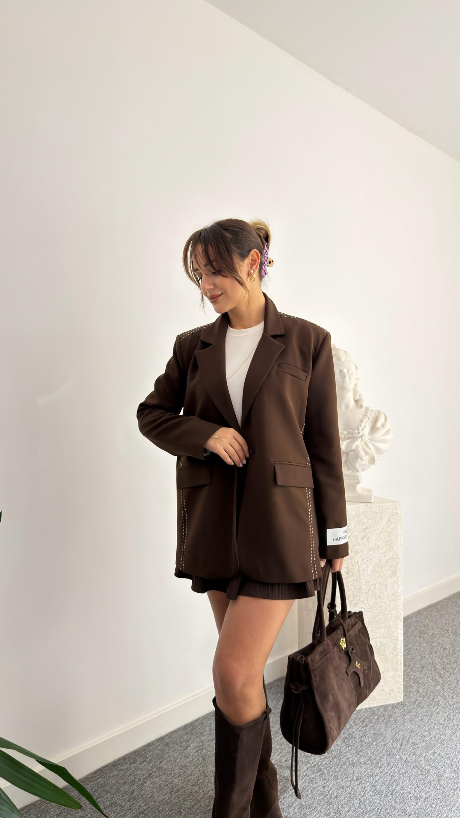 Kahve Vaze Dikiş Detaylı Blazer Ceket