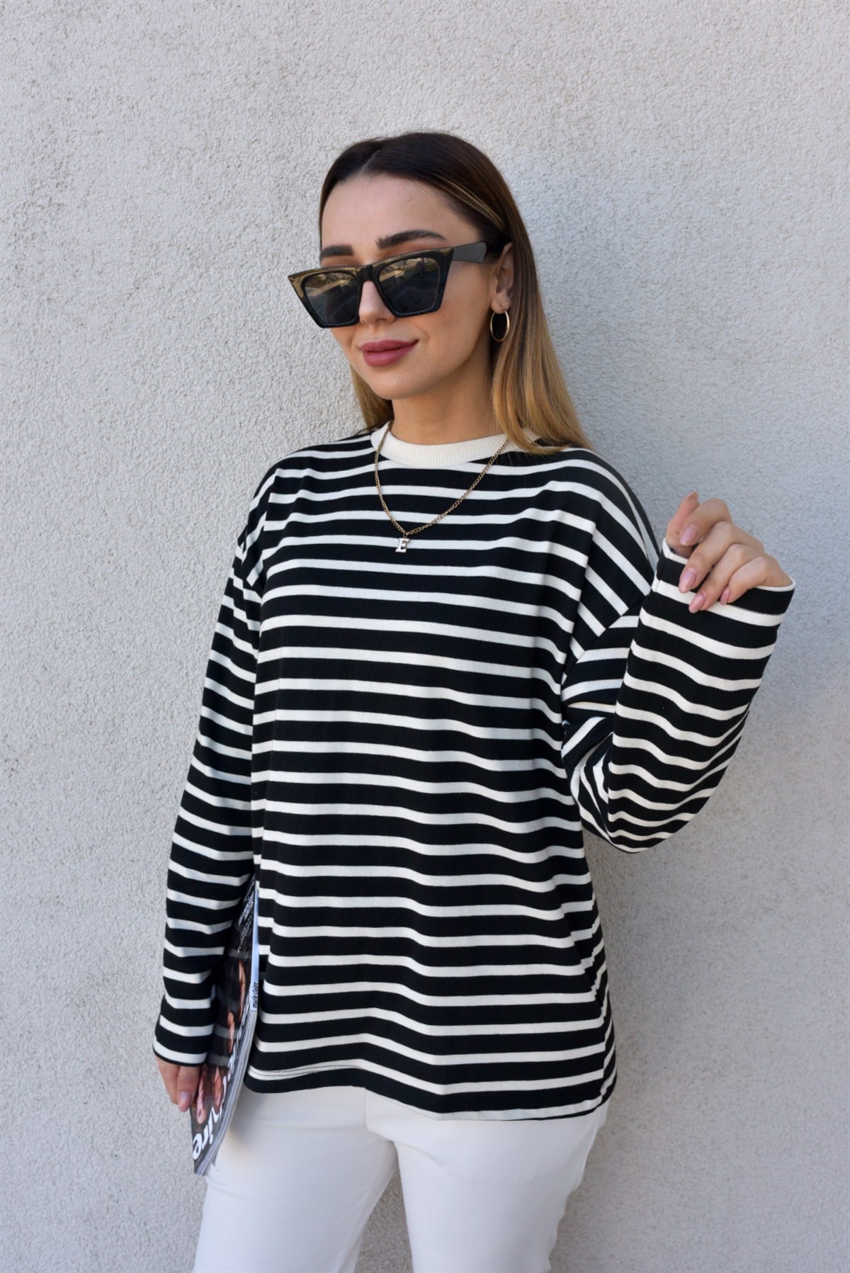 Çizgili Siyah Basic Sweat	