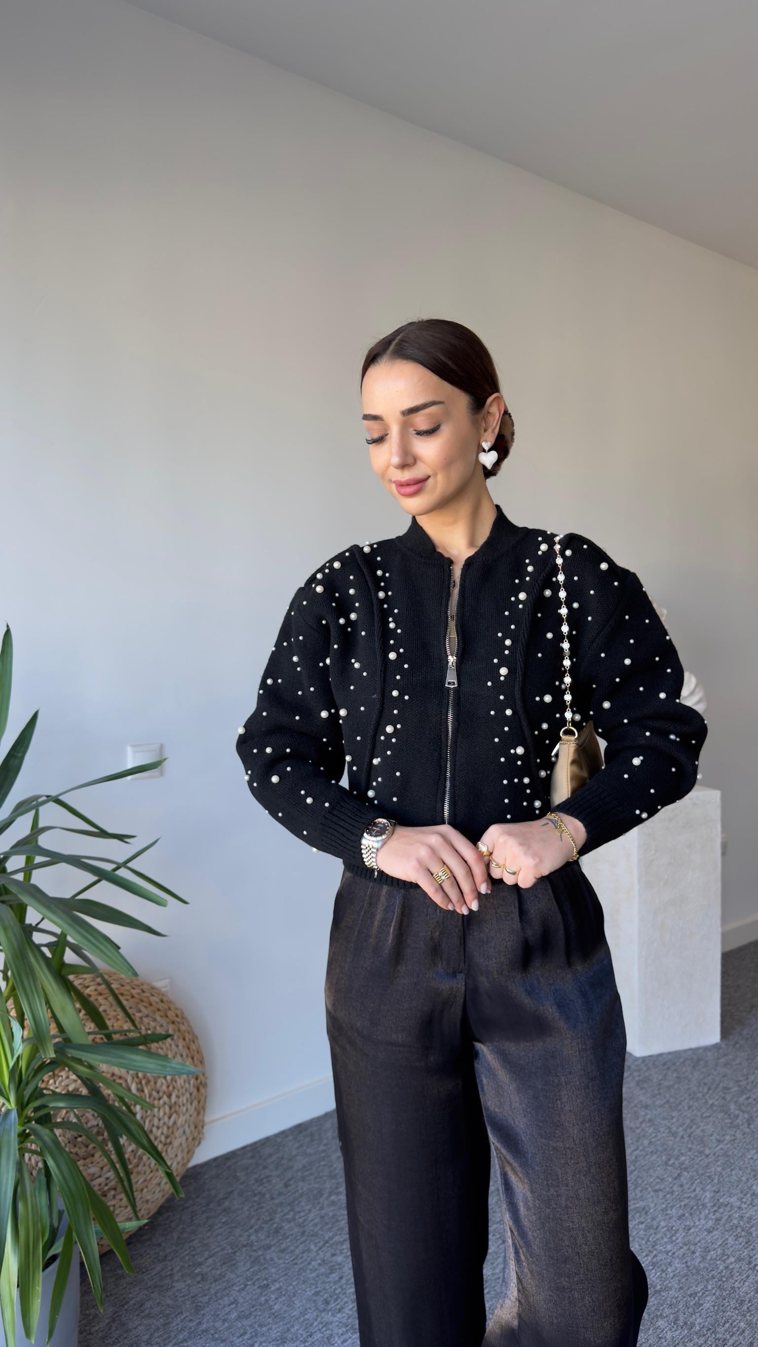 Zra Model İncili Siyah Triko Hırka 