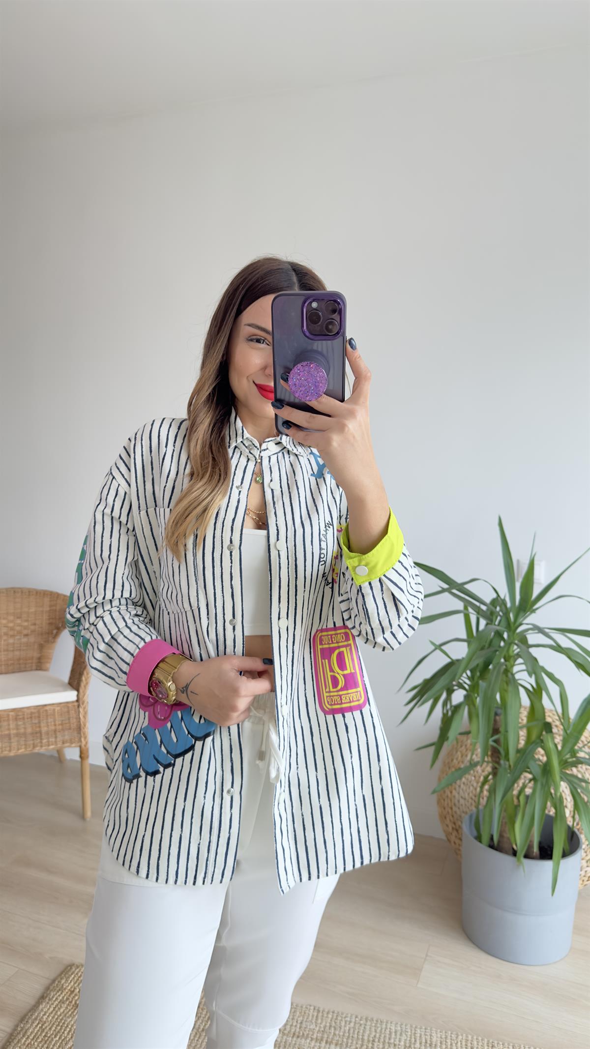 Çizgili Baskı Detay Tasarım Gömlek Ceket
