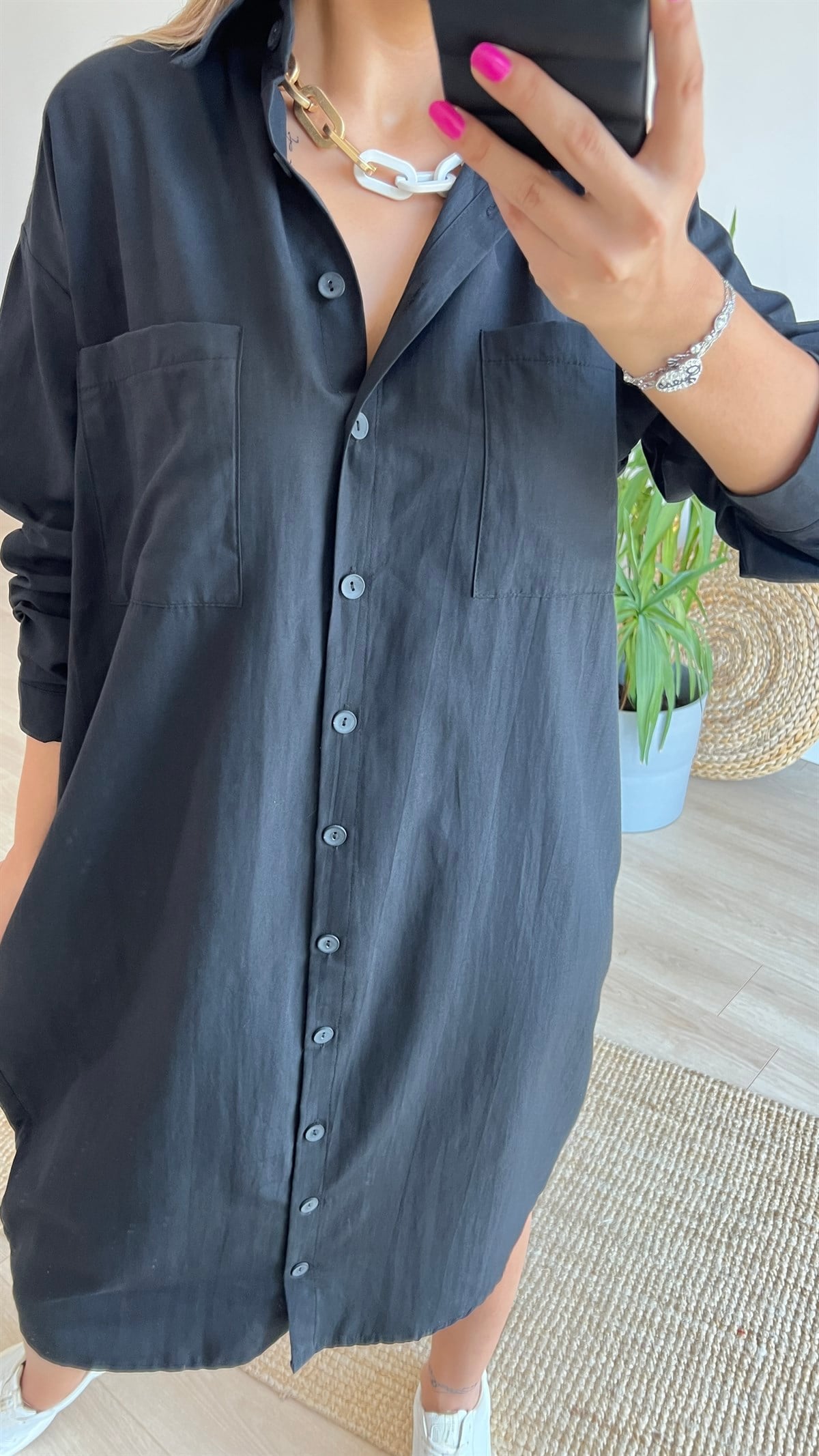 Sırt Pencere Detaylı Oversize Gömlek Elbise 