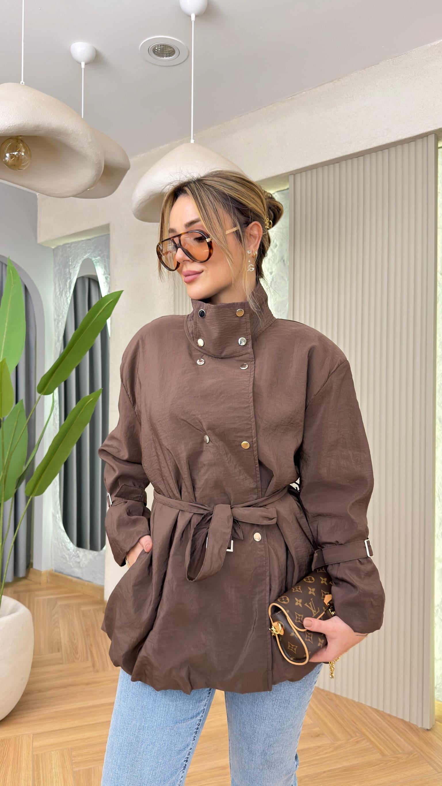 Lamburg Dik Yaka Çıt Kahve Trençkot
