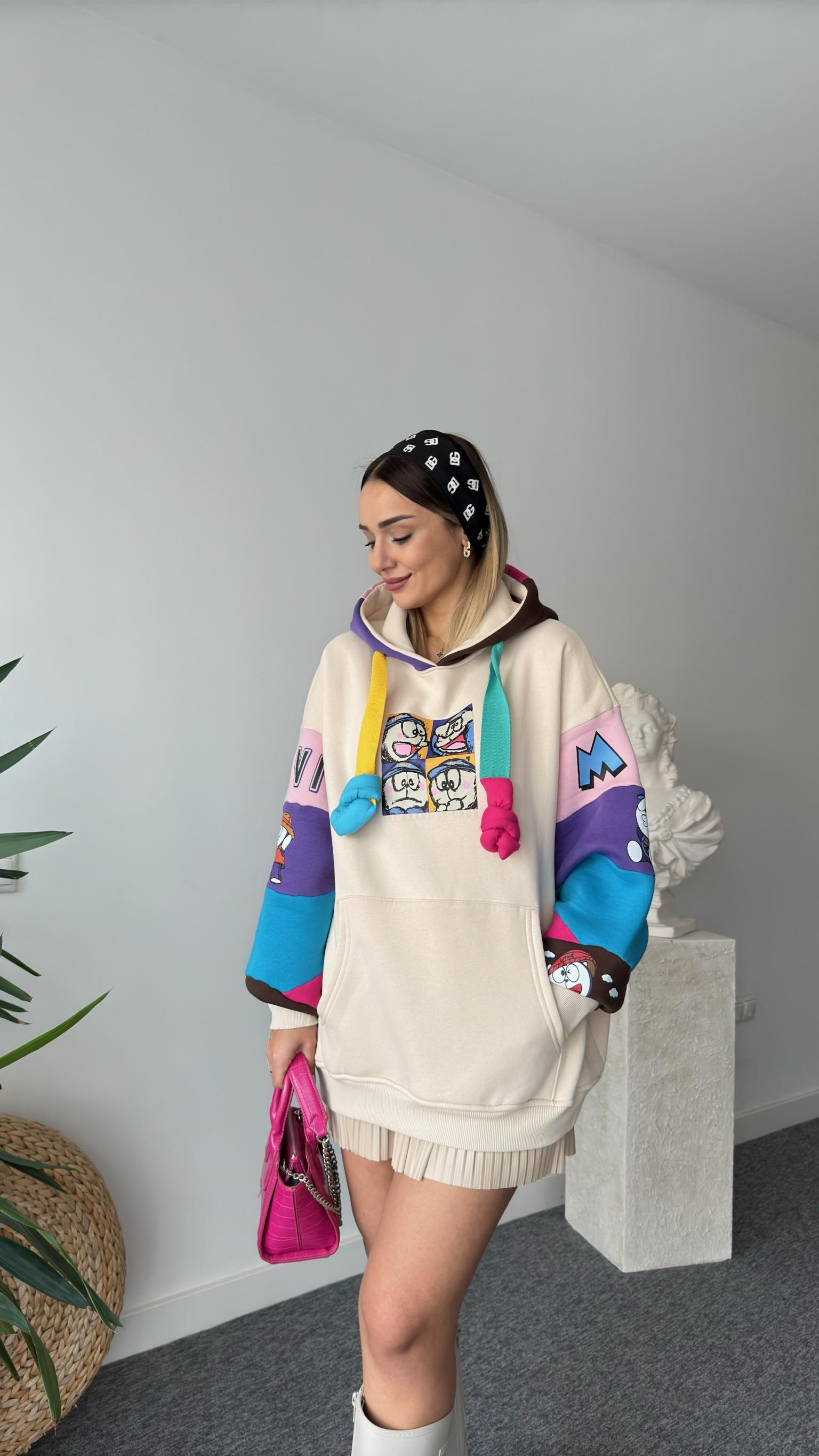 Muril Renkli Baskılı Salaş Bej Sweatshirt