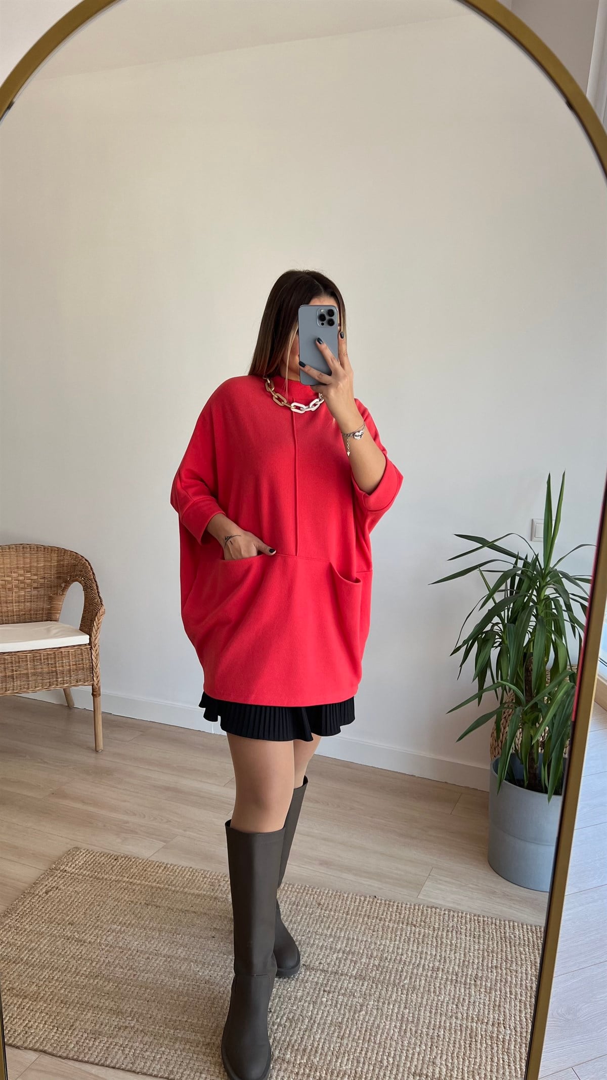 Önden Cepli Nar Çiçeği Tunik