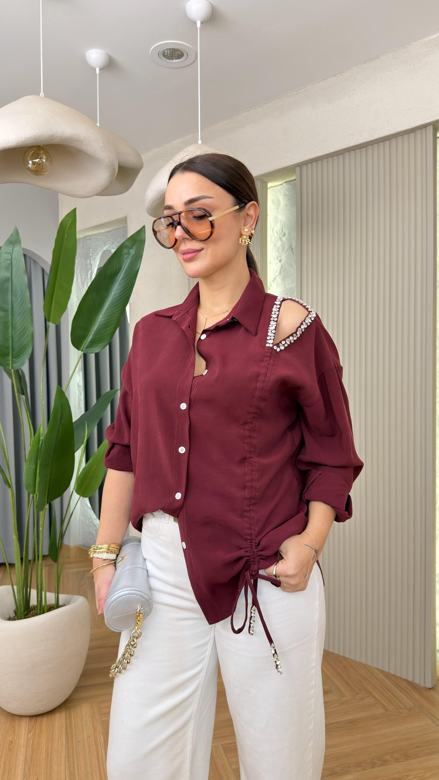 Bordo Natha Büzgülü Taş Detay Tensel Gömlek