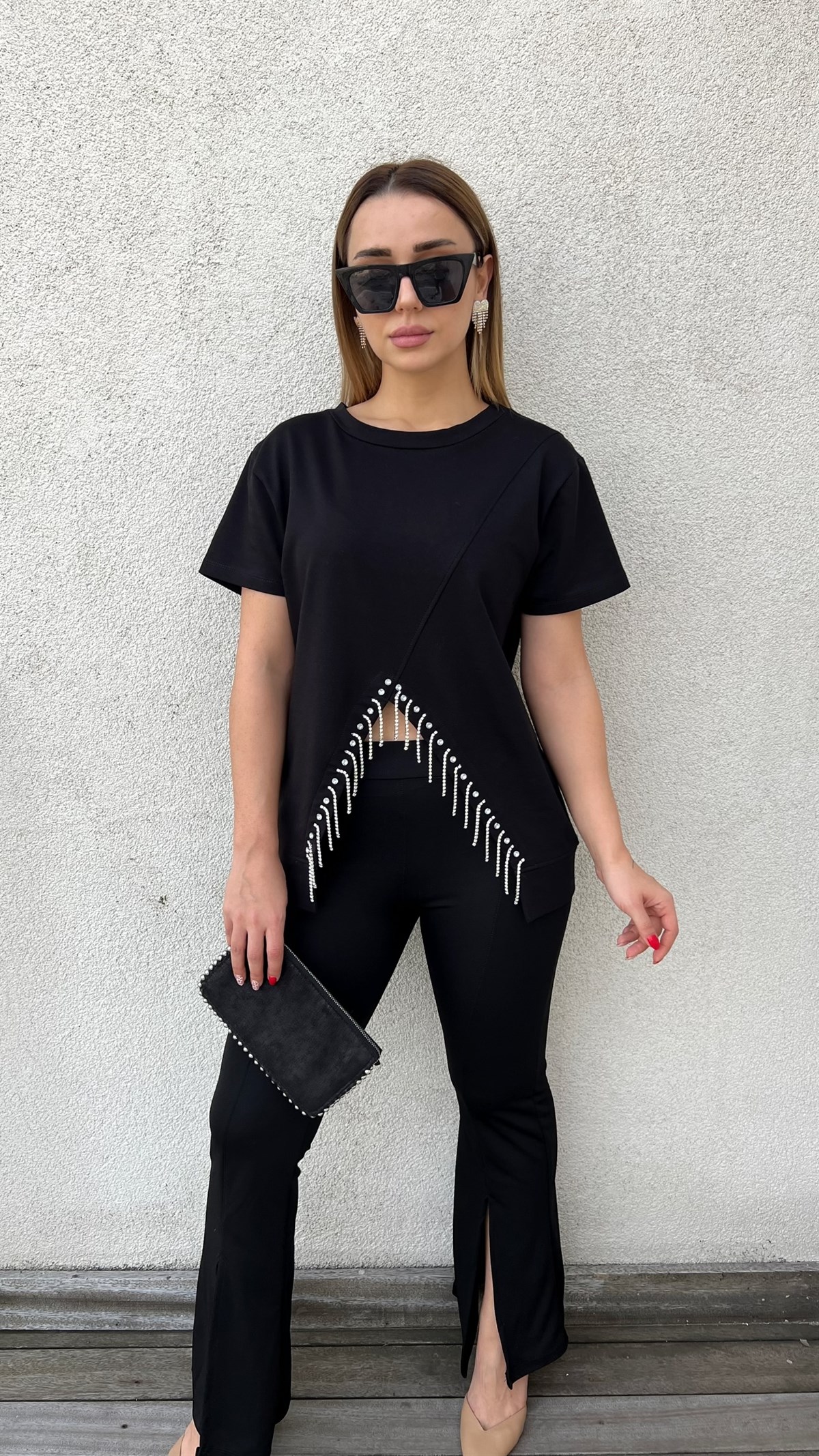 Taş Detaylı Siyah Tasarım Tshirt