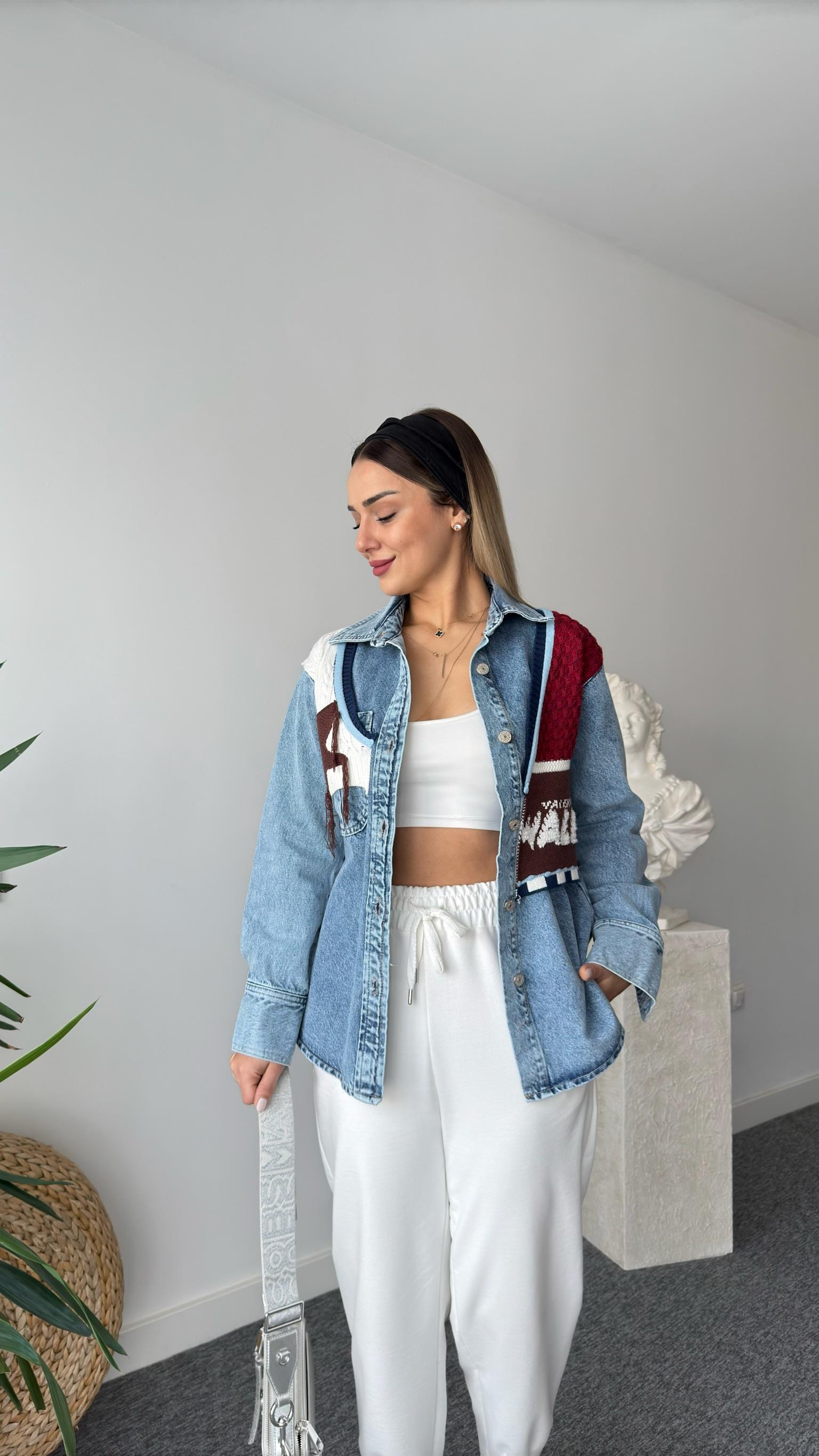 Belmira Renkli Triko Detaylı Jean Gömlek Ceket