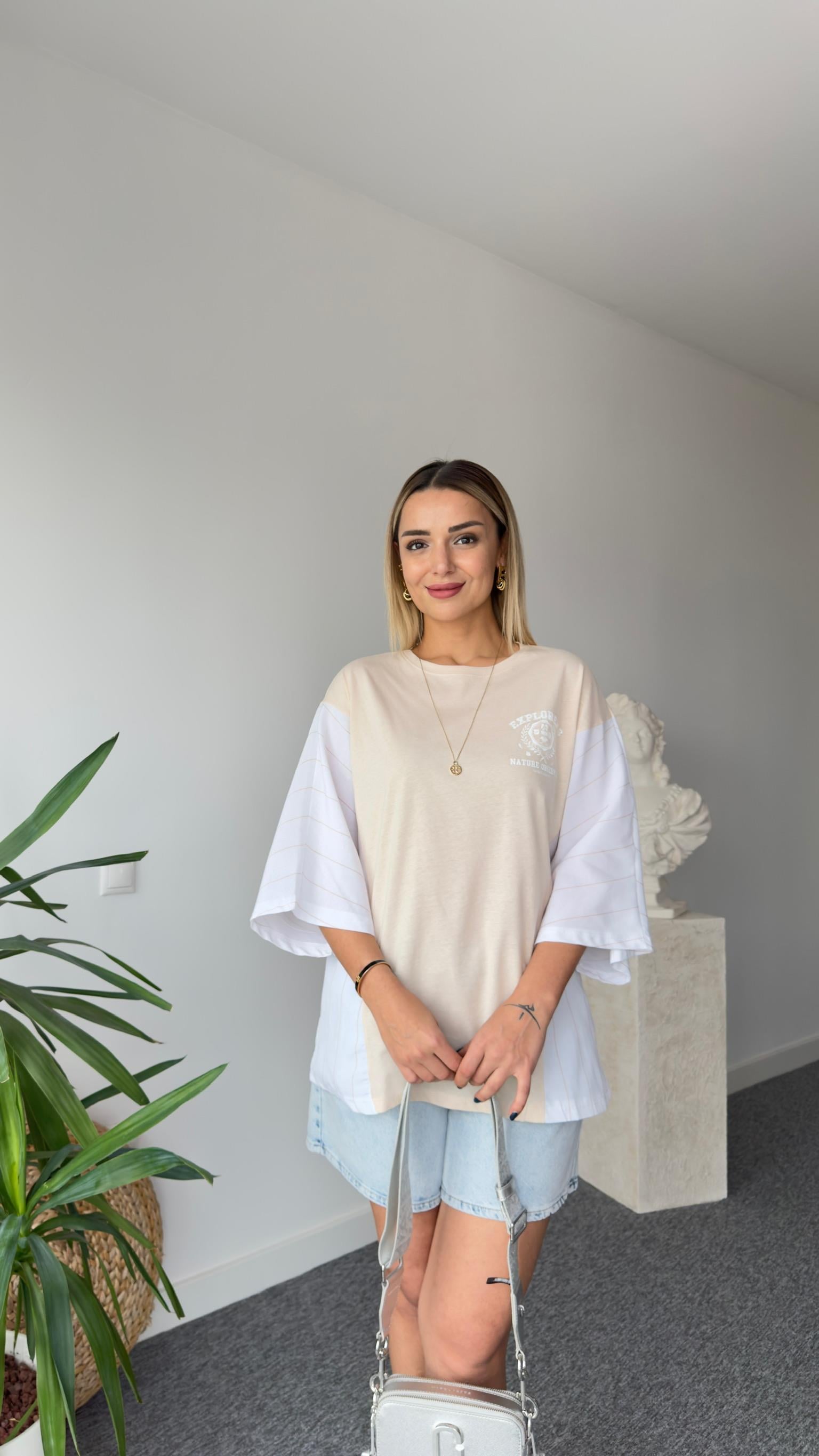 Çizgili Gömlek Garnili Bej Tshirt