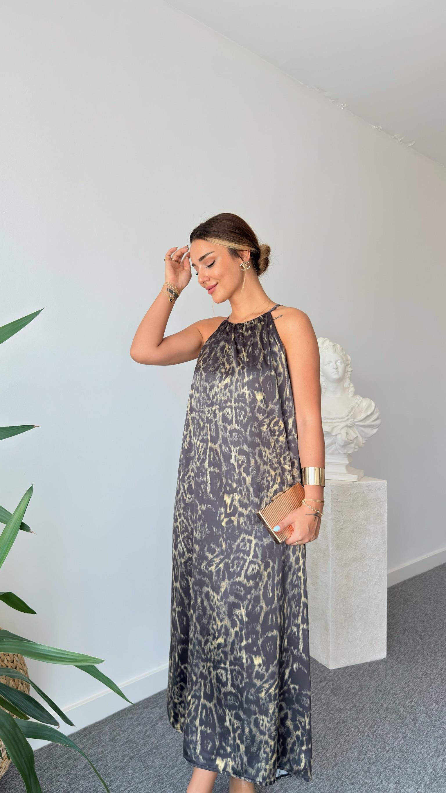 Saten Halter Yaka Leopar Desenli Elbise 