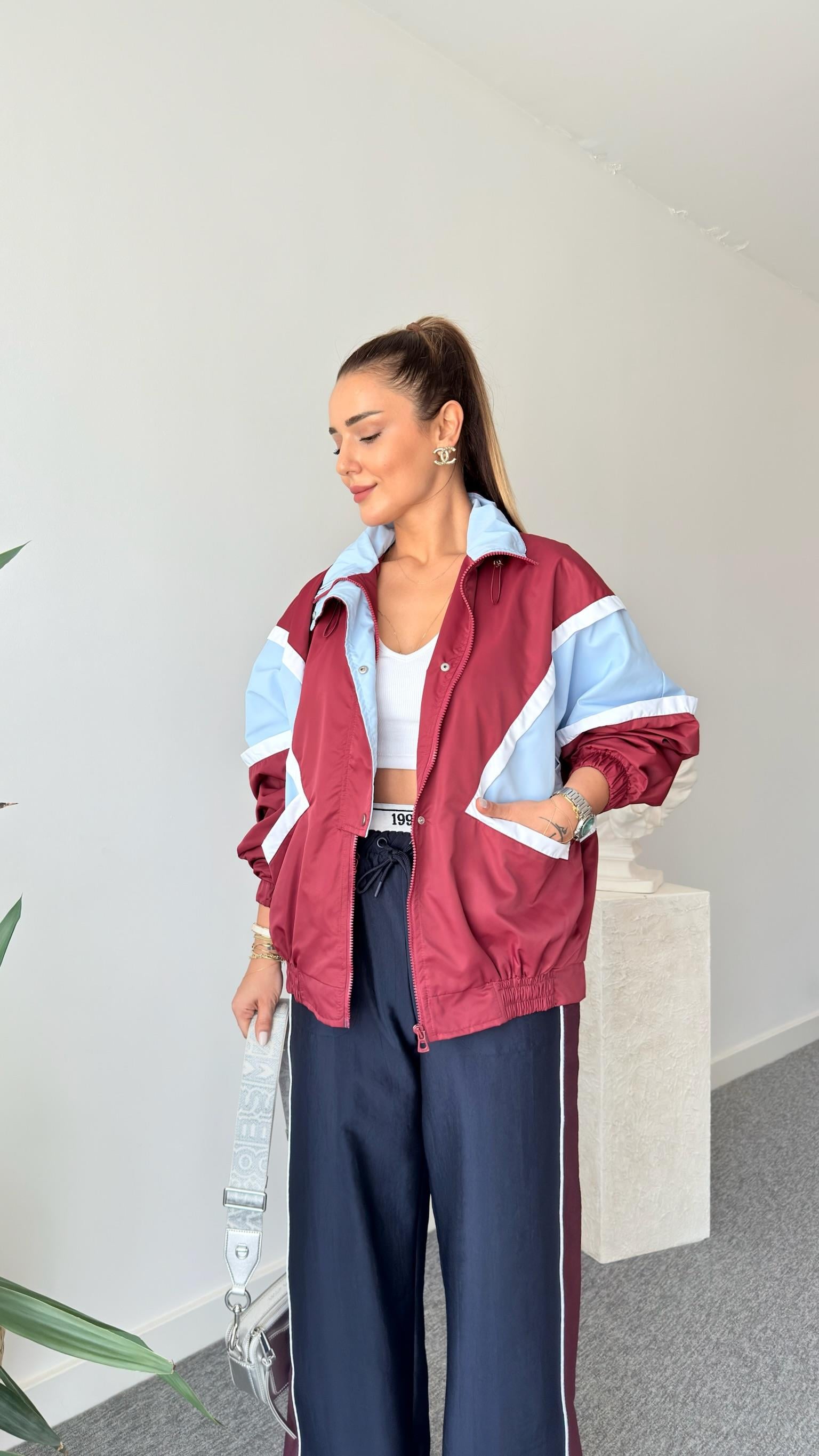 Bordo Ceare Blok Renkli Oversize Ceket