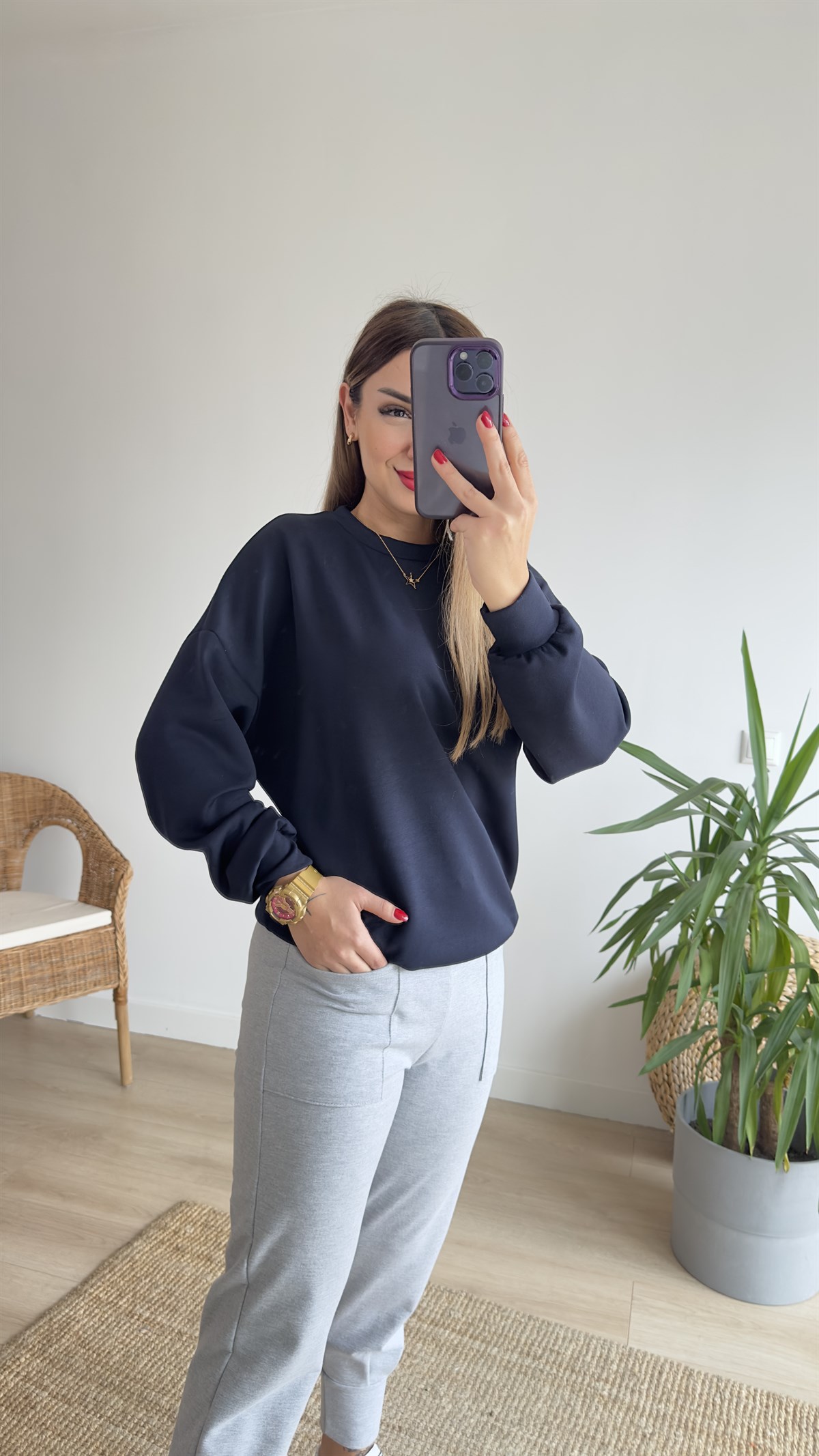 Modal Kumaş Lacivert Basic Sweat