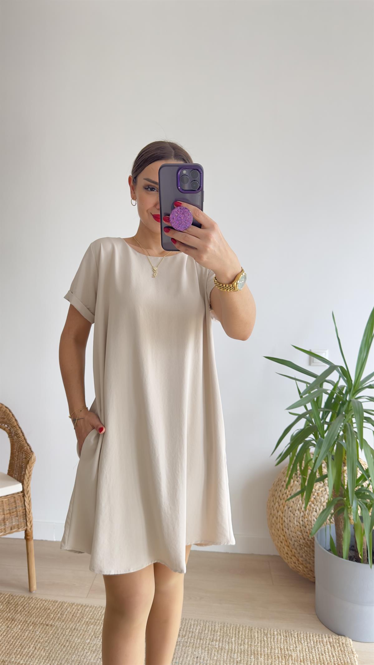 Rina Sırtı Pileli Bej Elbise