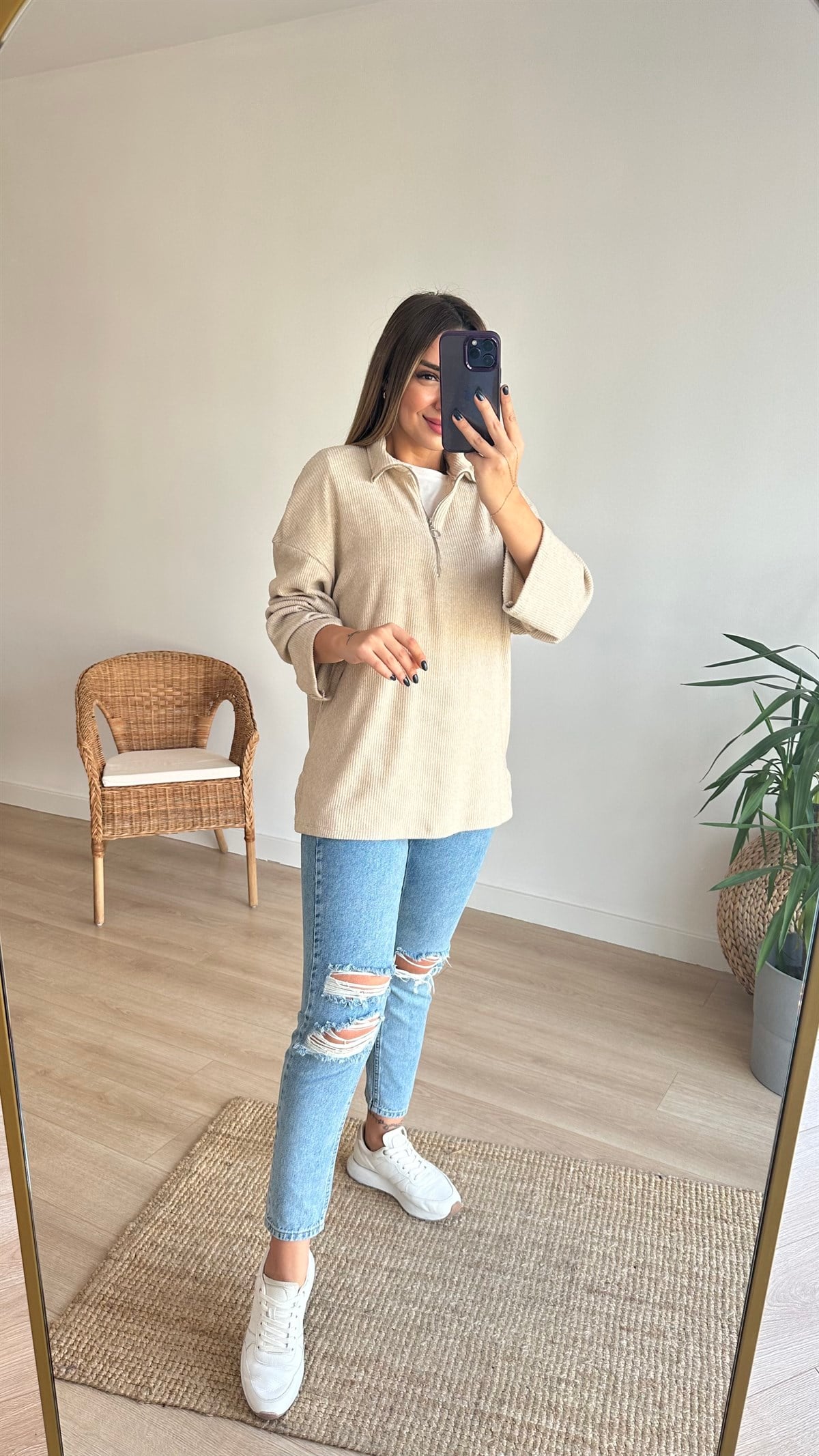 Yarım Fermuar Basic Bej Triko