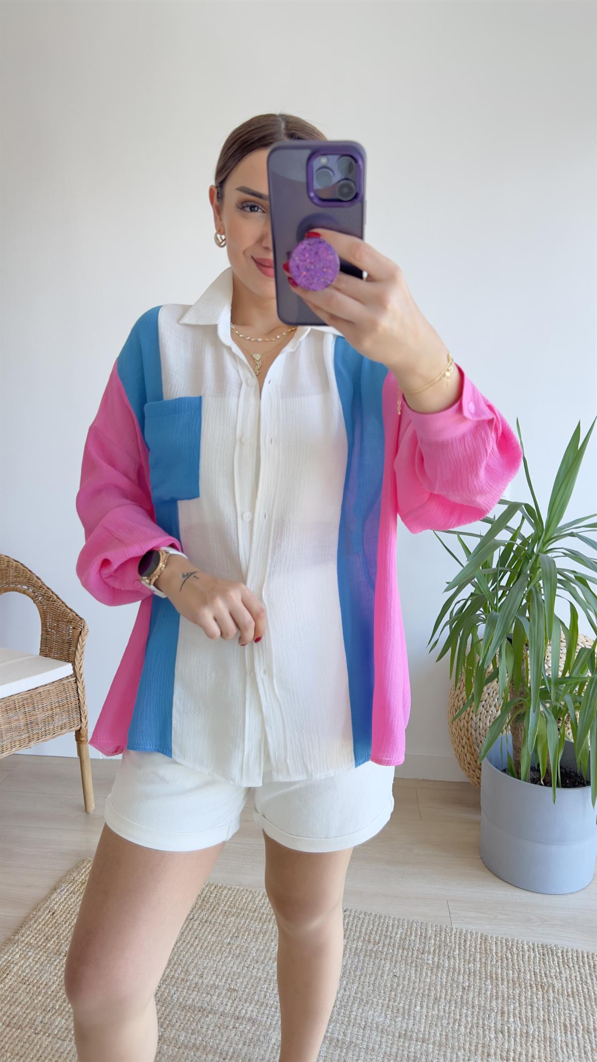 Gio Mavi Pembe Renk Geçişli Gömlek