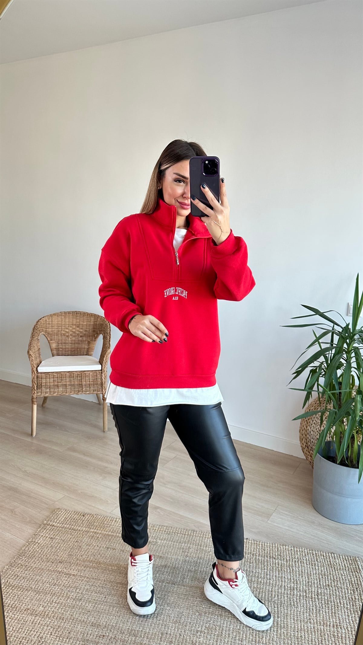 Yarım Fermuar Nakış Yazılı Kırmızı Sweat