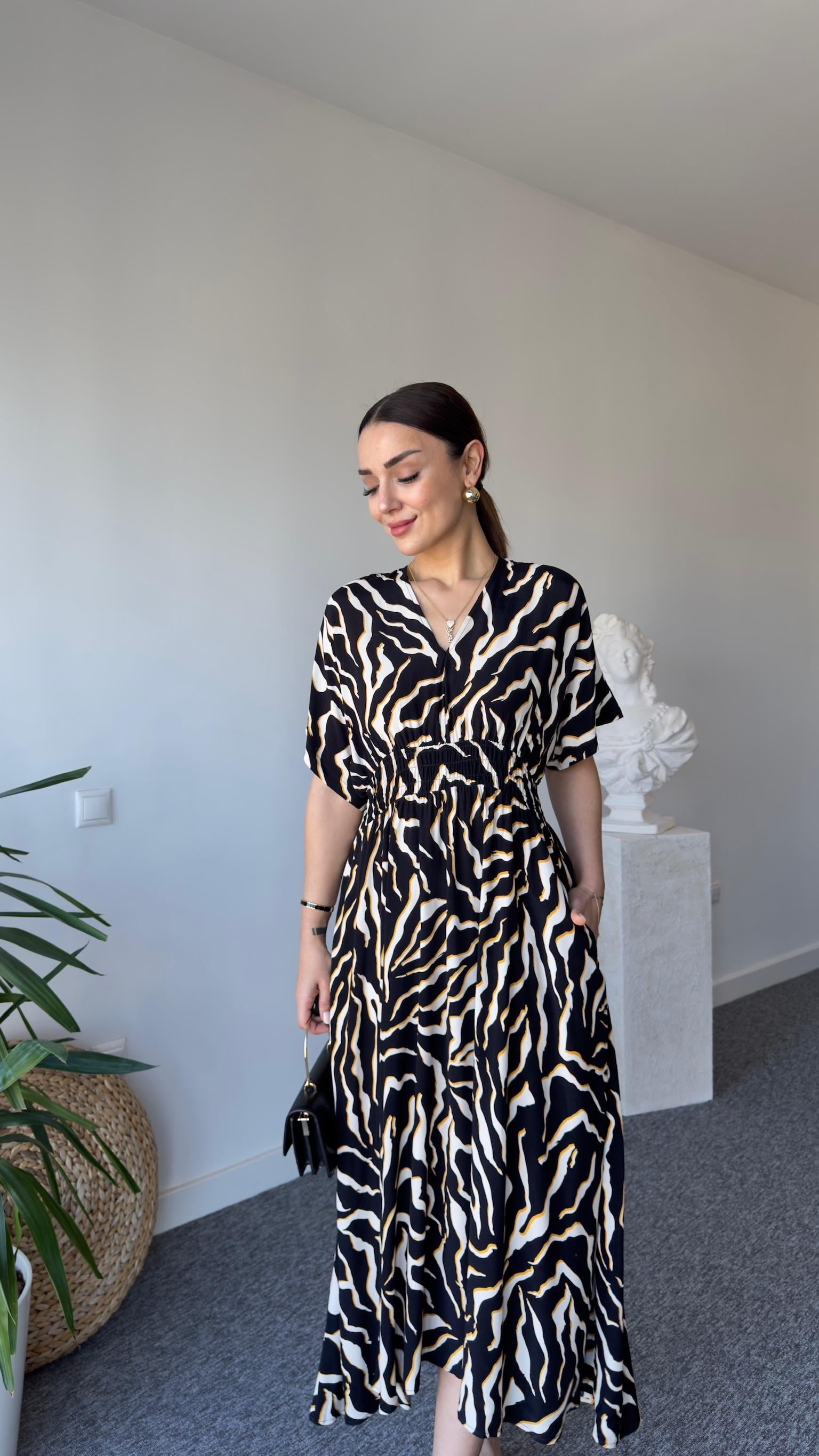 Kahve Renk Geçişli Zebra Desen Elbise 