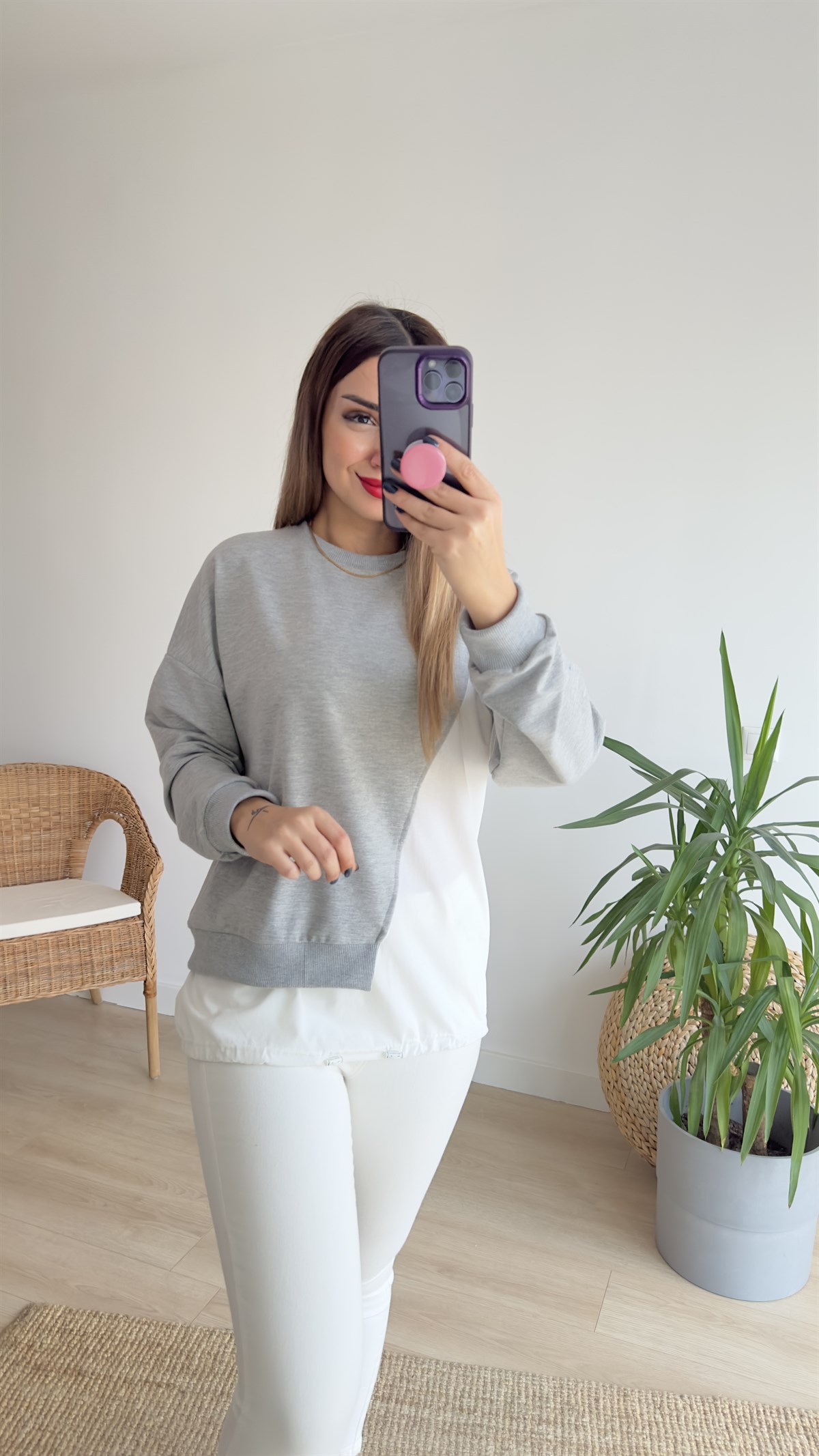 Poplin Detaylı Gri Sweat