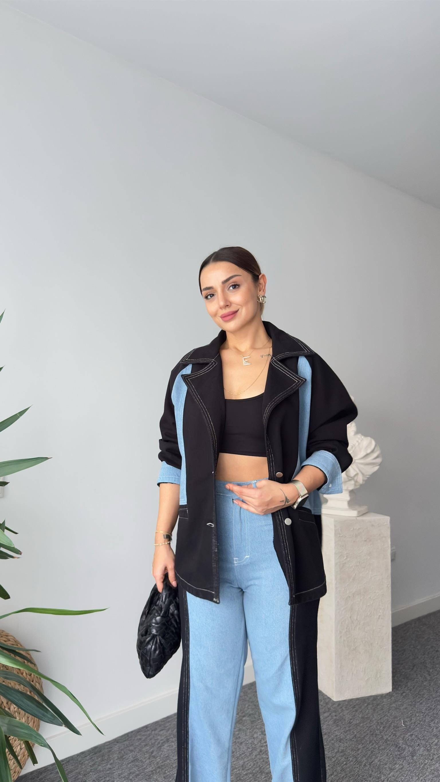 Denim Gabardin Garnili Ceket Pantolon Takım