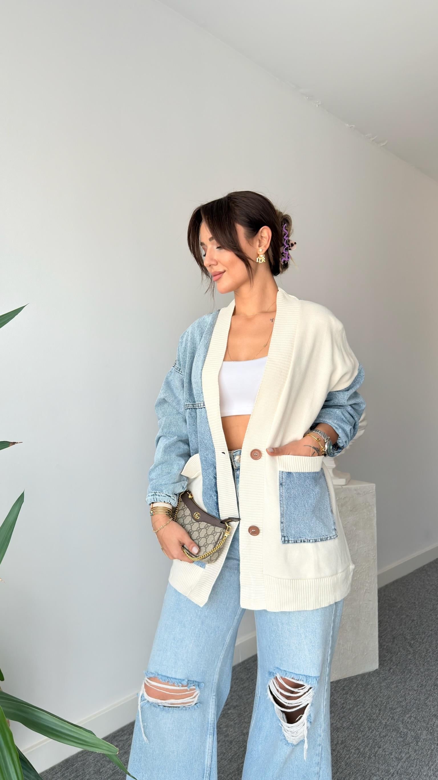 Tia Mavi Kot Detaylı Triko Hırka