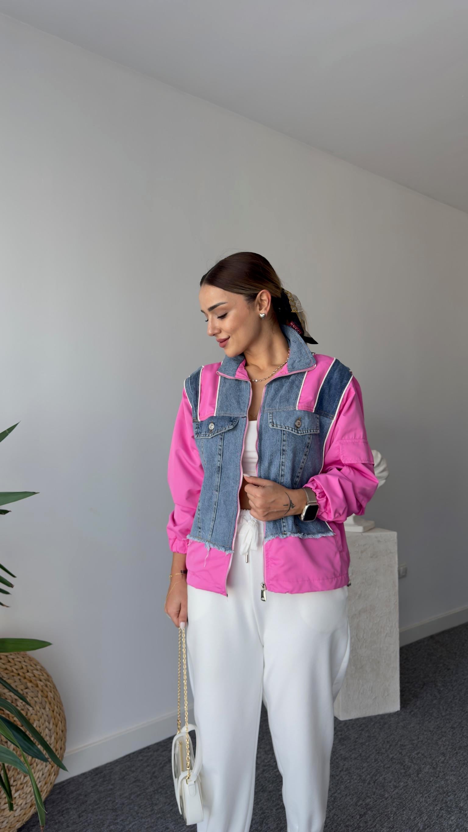 Lucas Pembe Şeritli Denim Mix Ceket