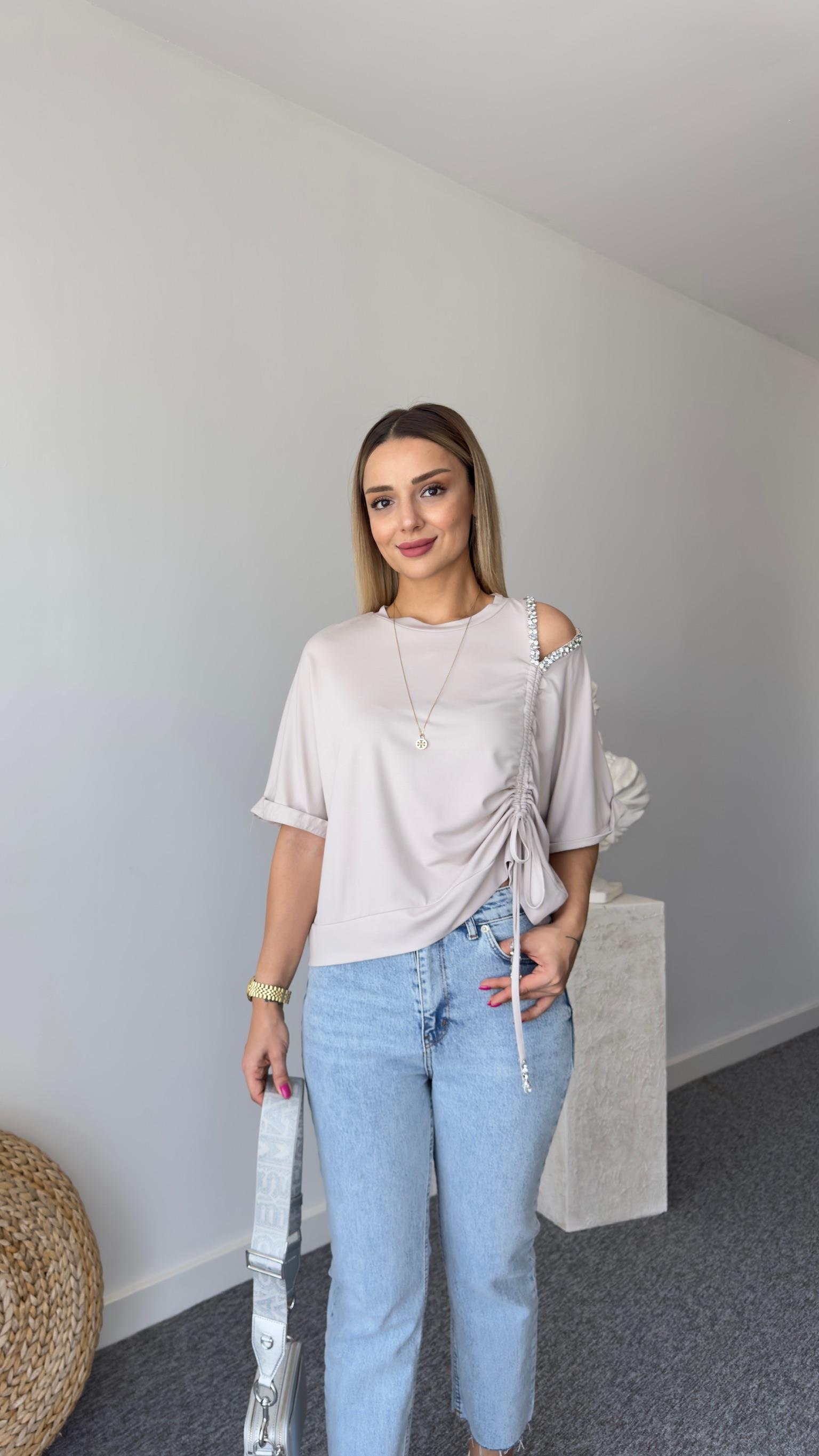 Omzu Taşlı Vizon Modal Tshirt