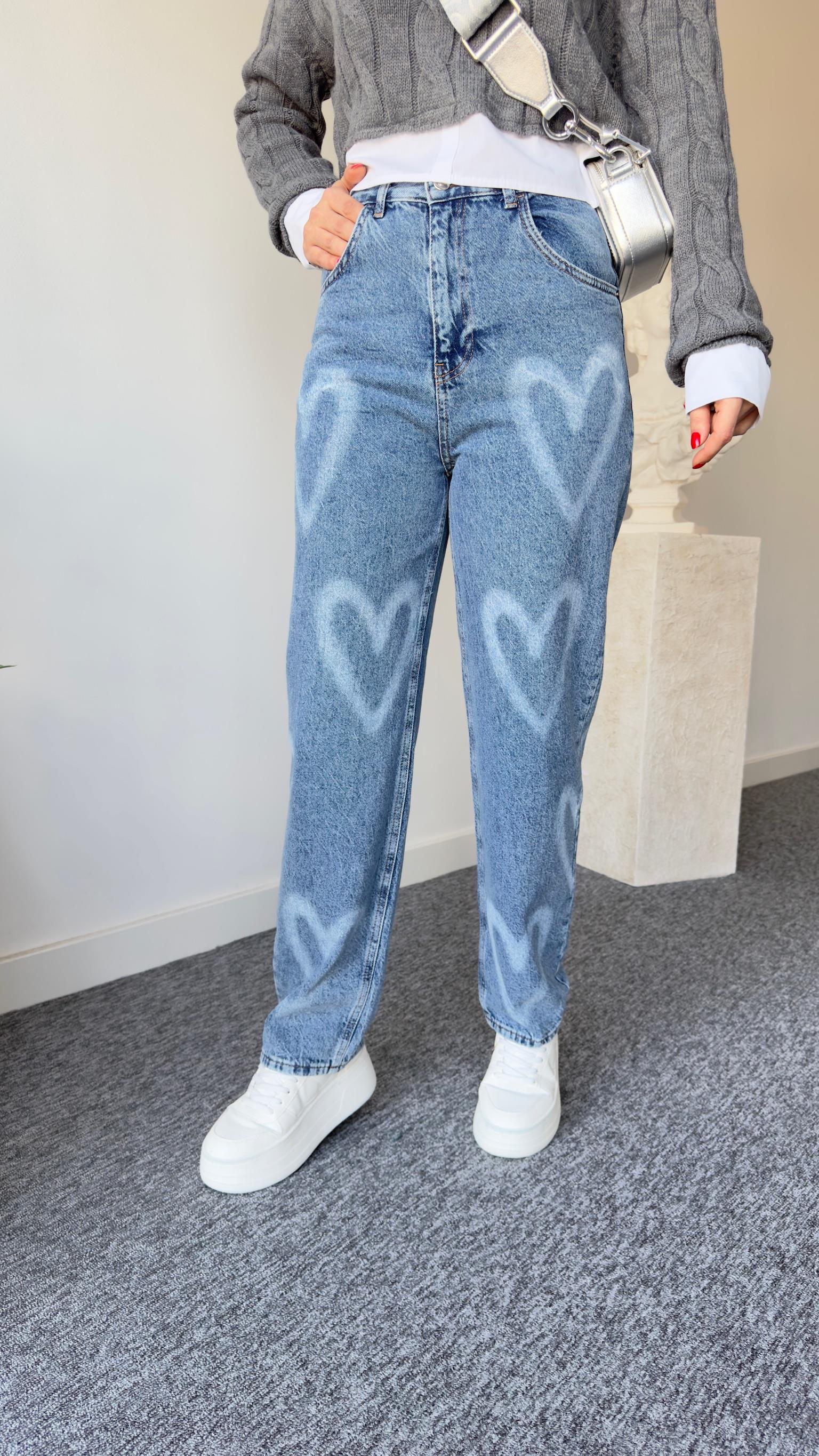 Kalp Desenli Yüksek Bel Jean