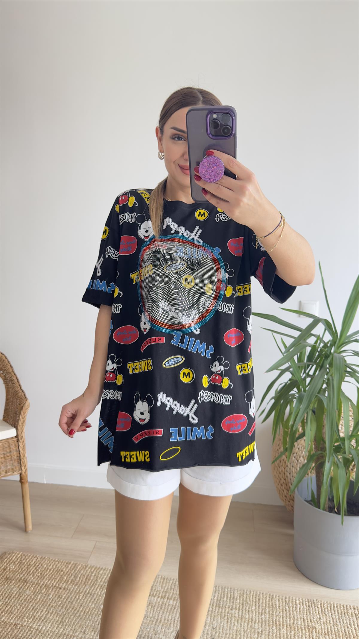 Taşlı Mickey Baskı Siyah Tshirt