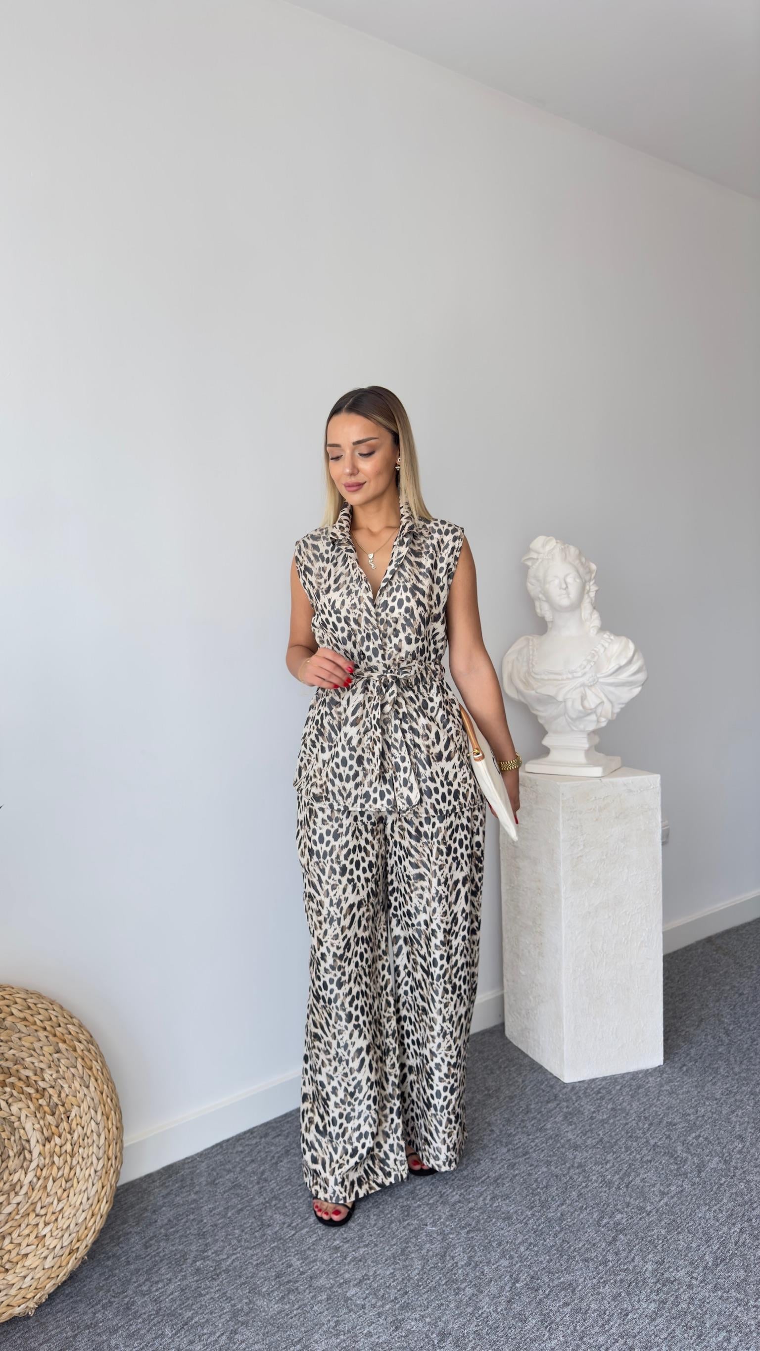 Tafta Leopar Desen Yelekli Takım