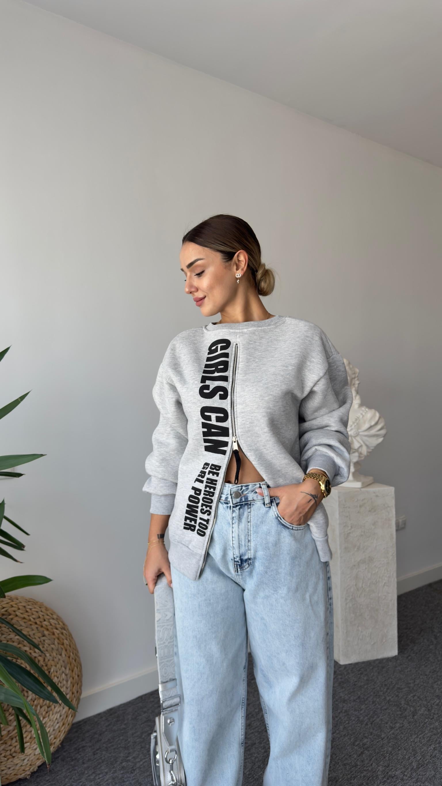 Berlin Fermuar Ve Yazı Detaylı Gri Sweatshirt
