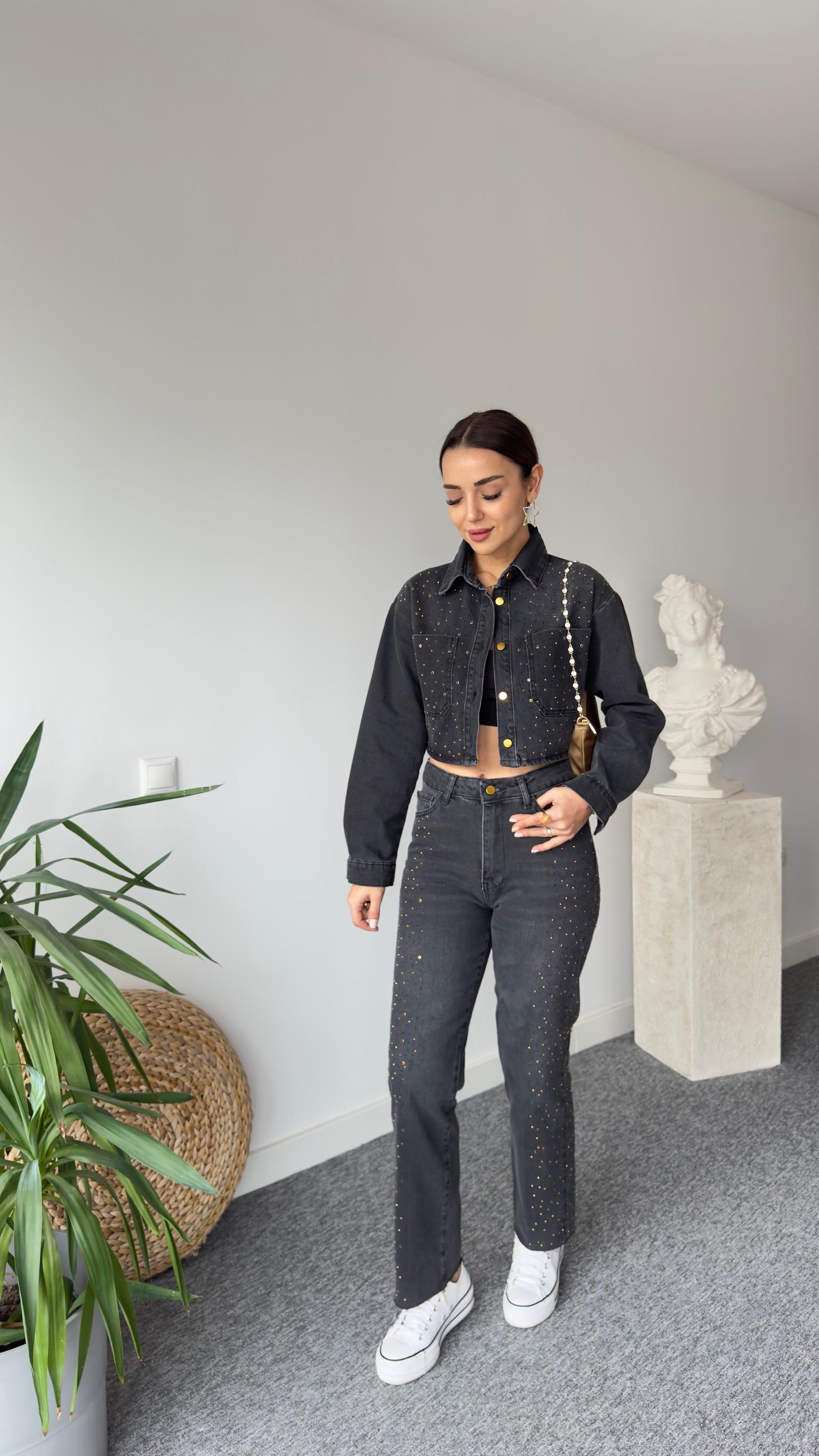 Zra Model Taşlı Antrasit Jean Takım