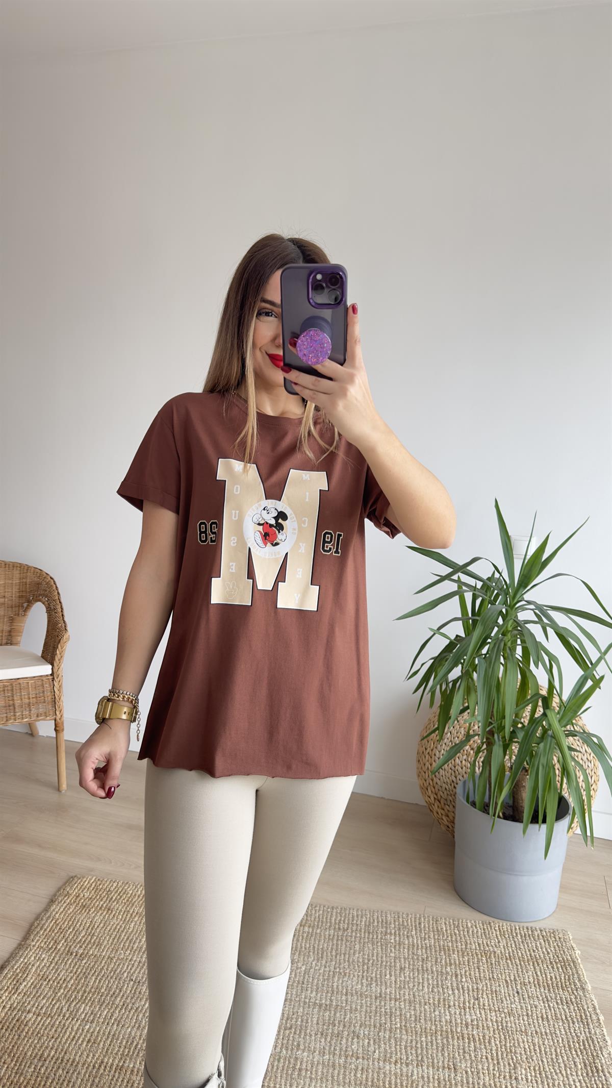 M Baskı Kahve Tshirt
