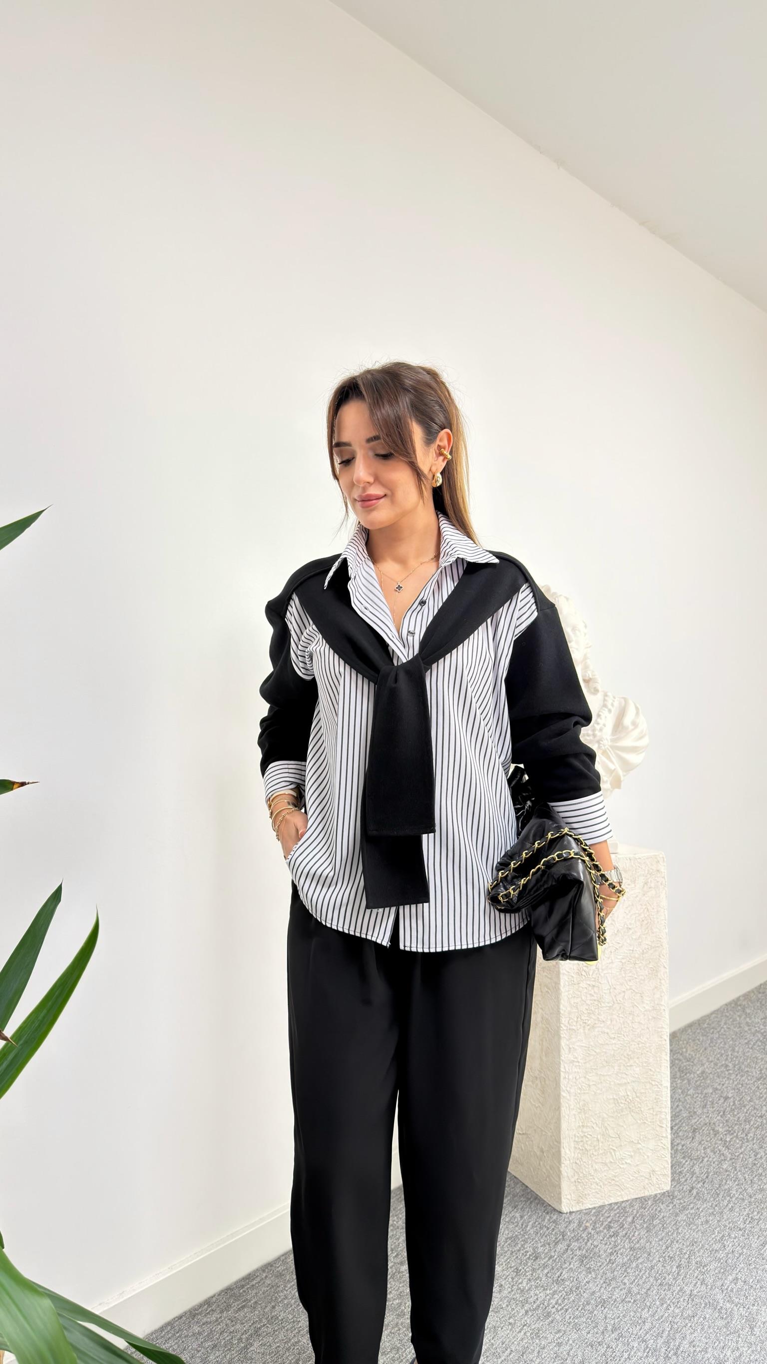 Siyah Palin Triko Şal Detaylı Çizgili Gömlek