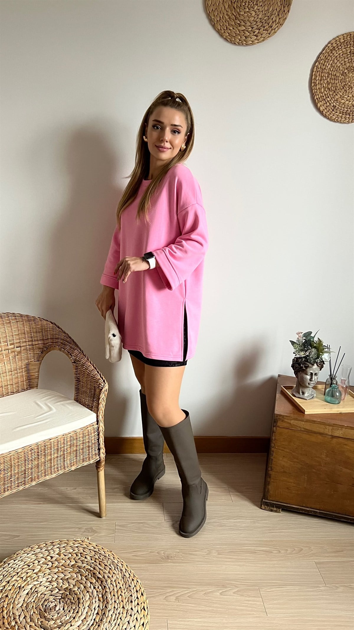 Üç İplik Pembe Salaş Sweatshirt