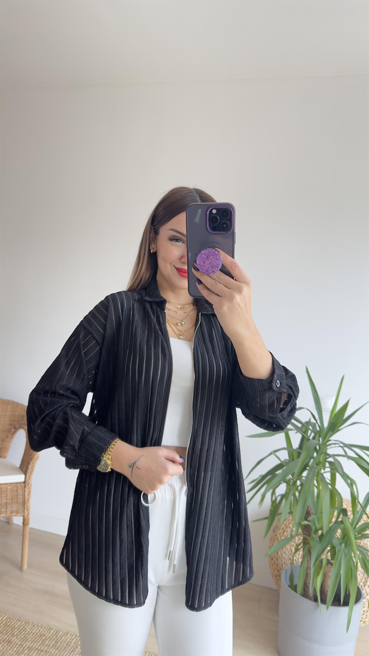 Fermuarlı Şerit Detay Siyah Ceket