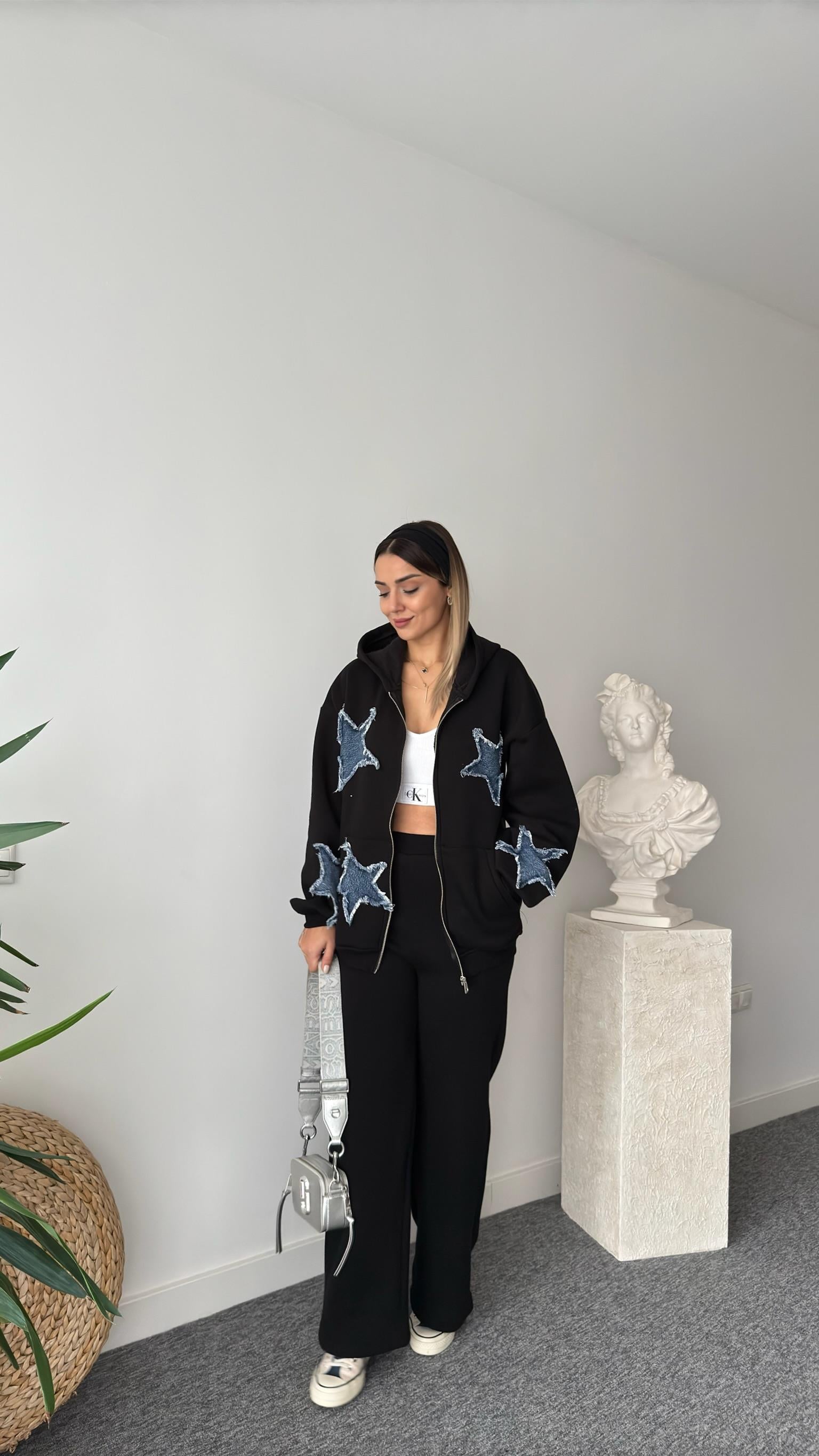 Denim Yıldız Detaylı Siyah Tasarım Takım