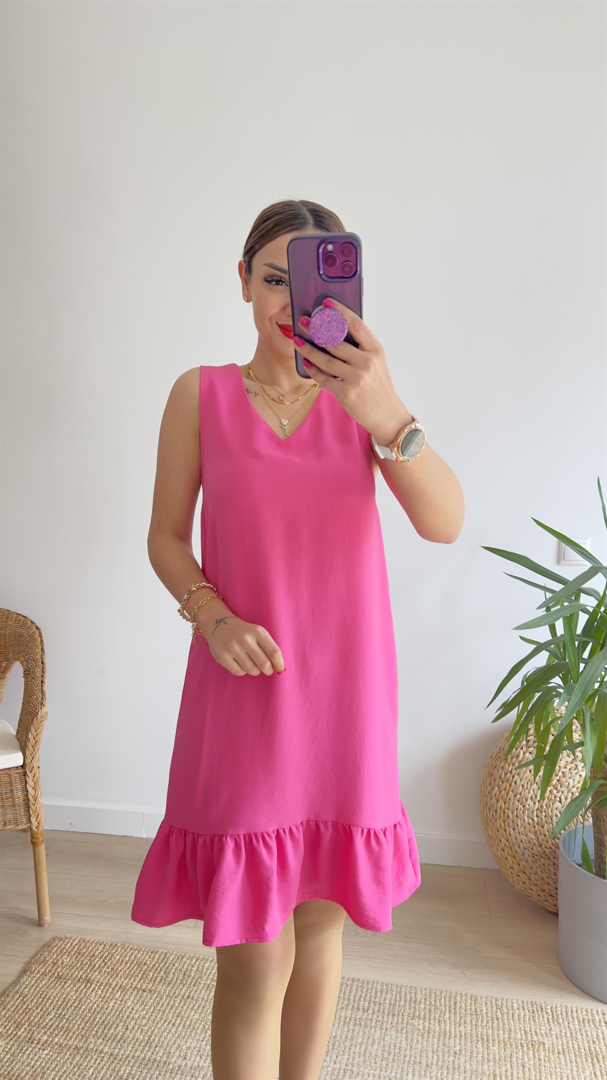 Vita V Yaka Kolsuz Pembe Basic Elbise 