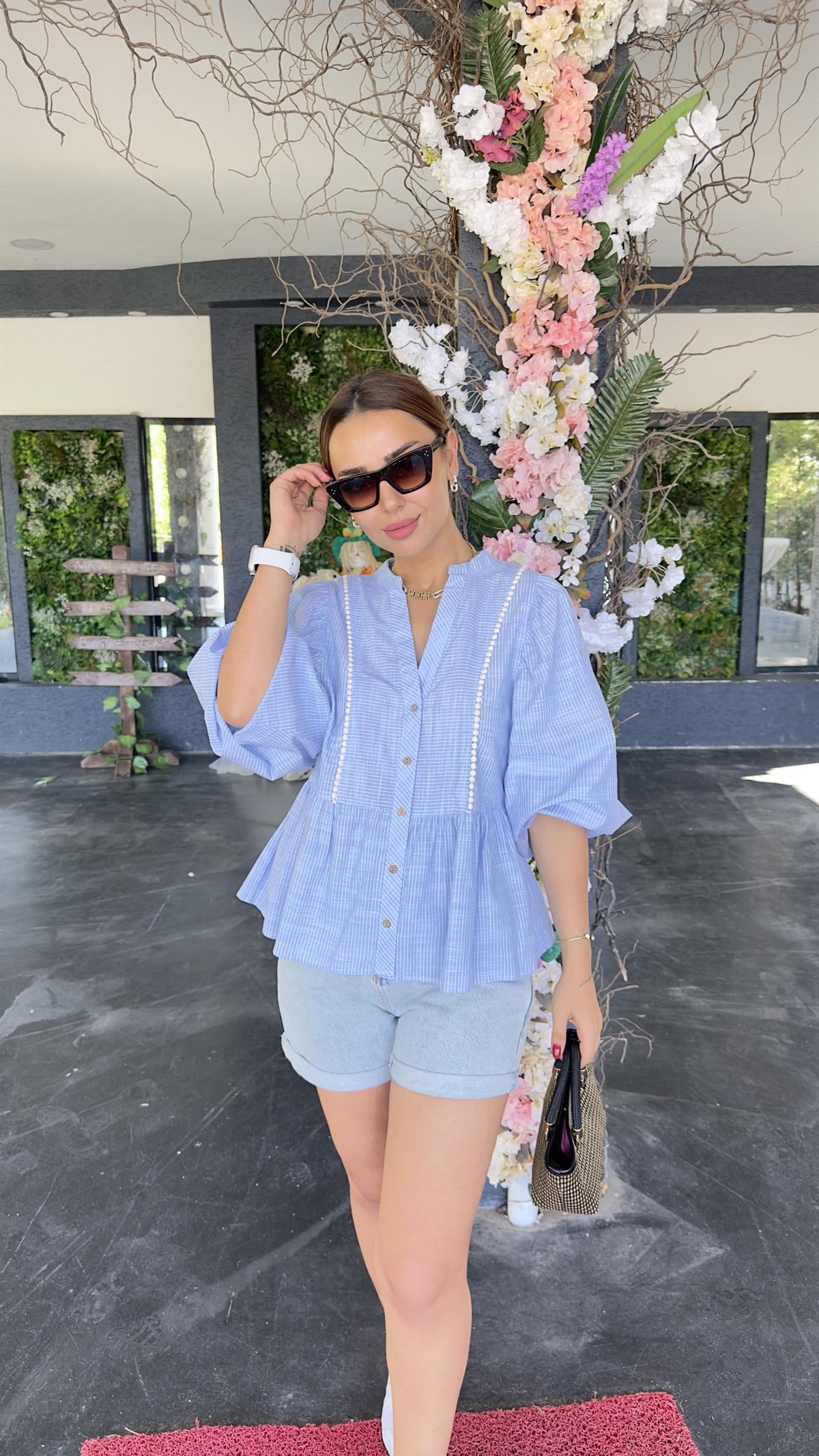 Yare Nakış Detaylı Çizgili Mavi Bluz