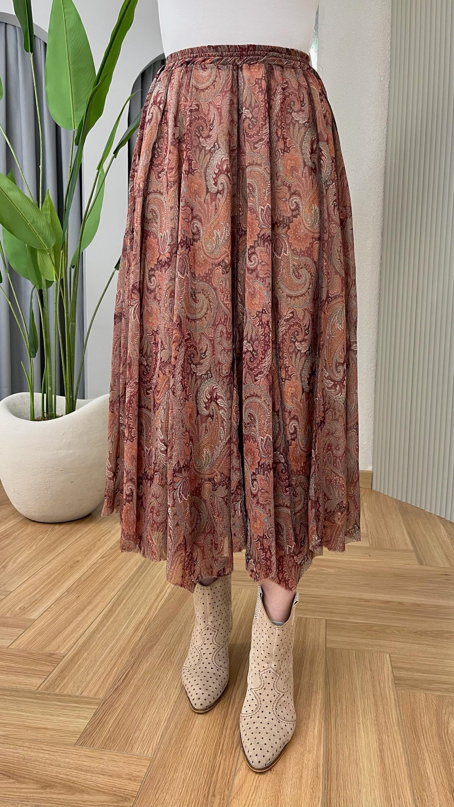 Turuncu Zien Etnik Desenli Şifon Etek