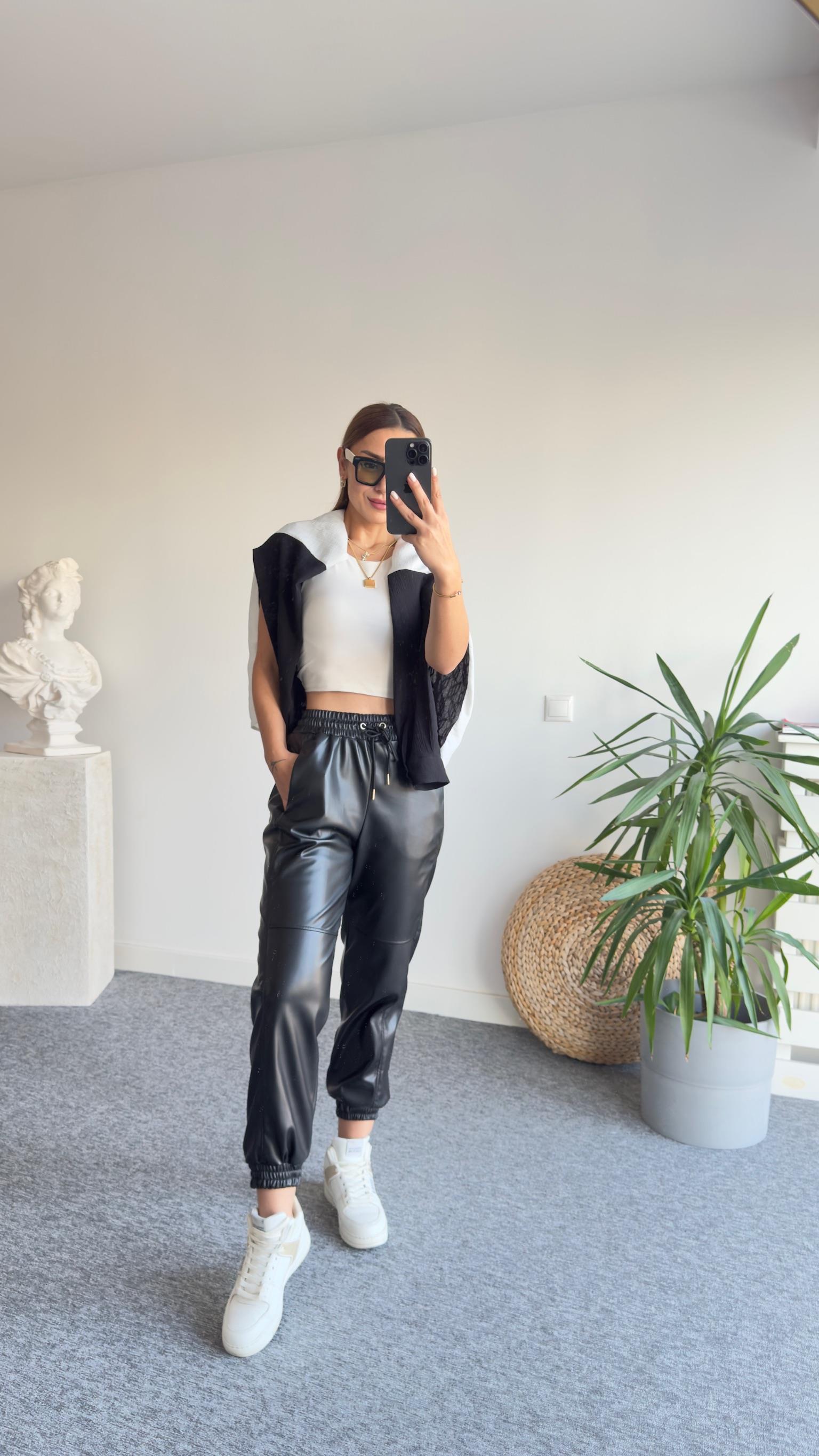 Bel Lastikli Tw Model Siyah Deri Pantolon
