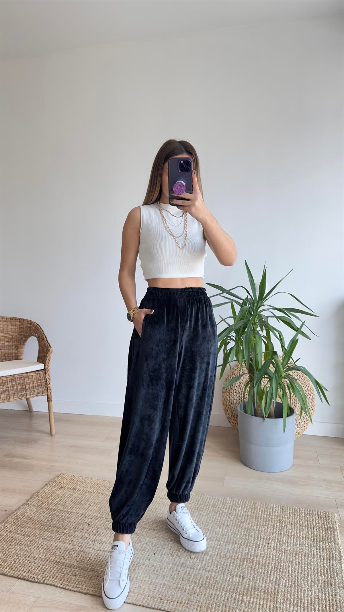 Orj Marka Beli Lastikli Kadife Jogger