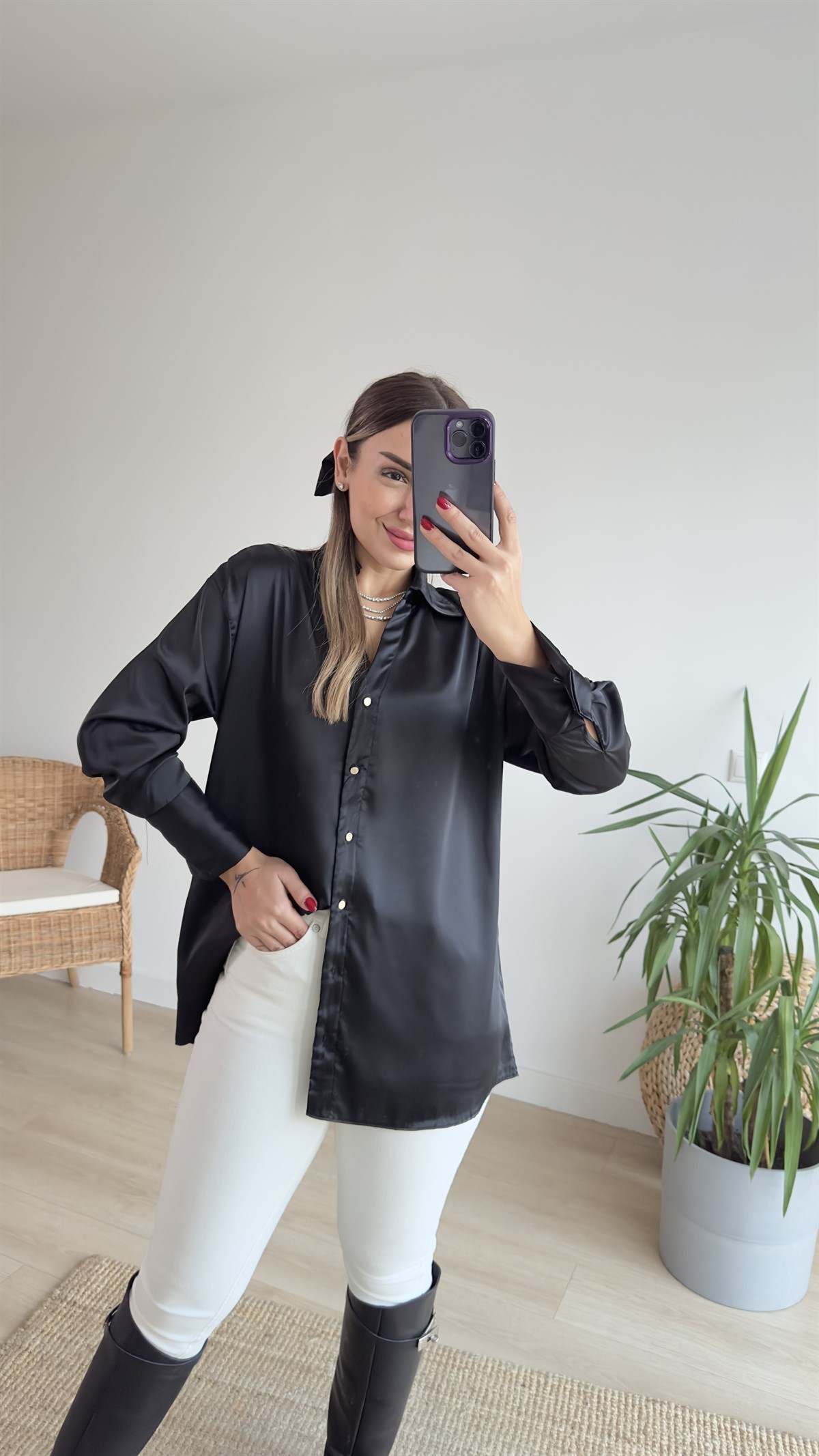 Saten Siyah Basic Gömlek