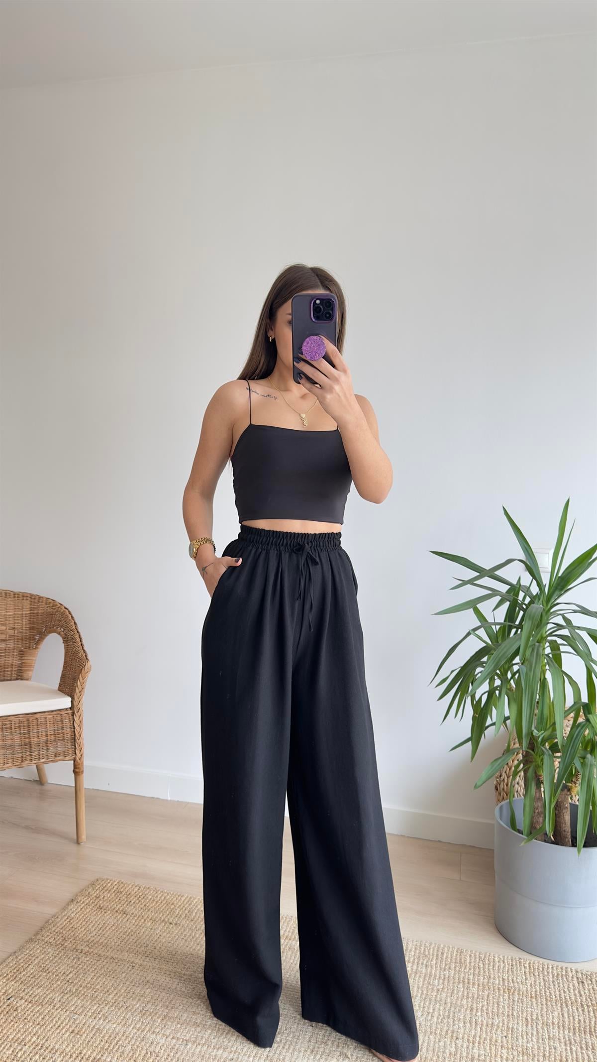 Keten Beli Lastikli Siyah Pantolon