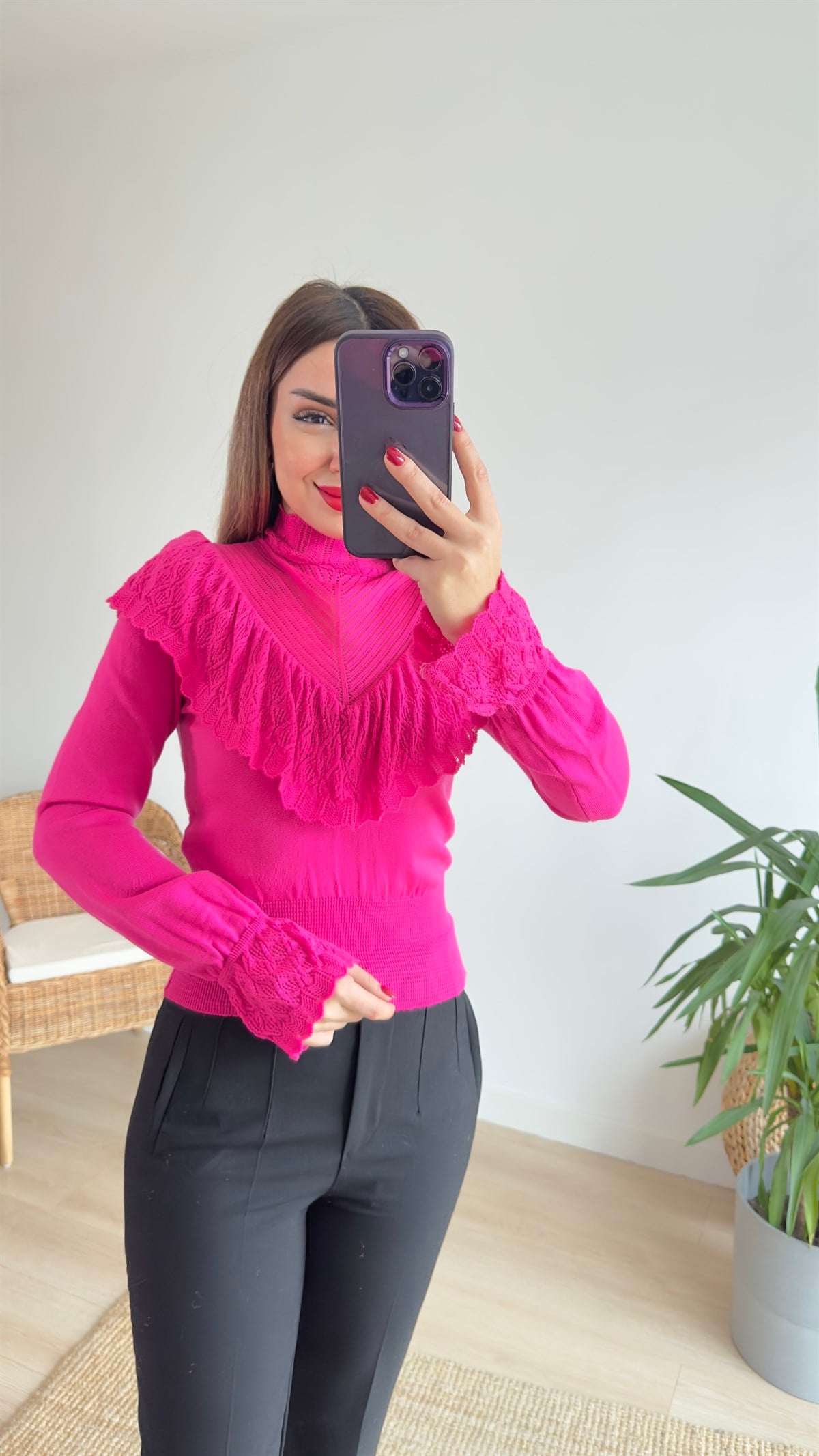 Fuşya Fırfırlı Triko